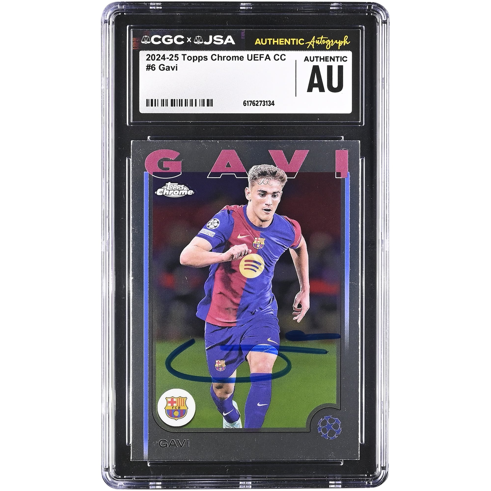 Carte authentifiée CGC Topps Chrome UEFA CC n° 6, signée par Gavi Barcelone, saison 2024-25