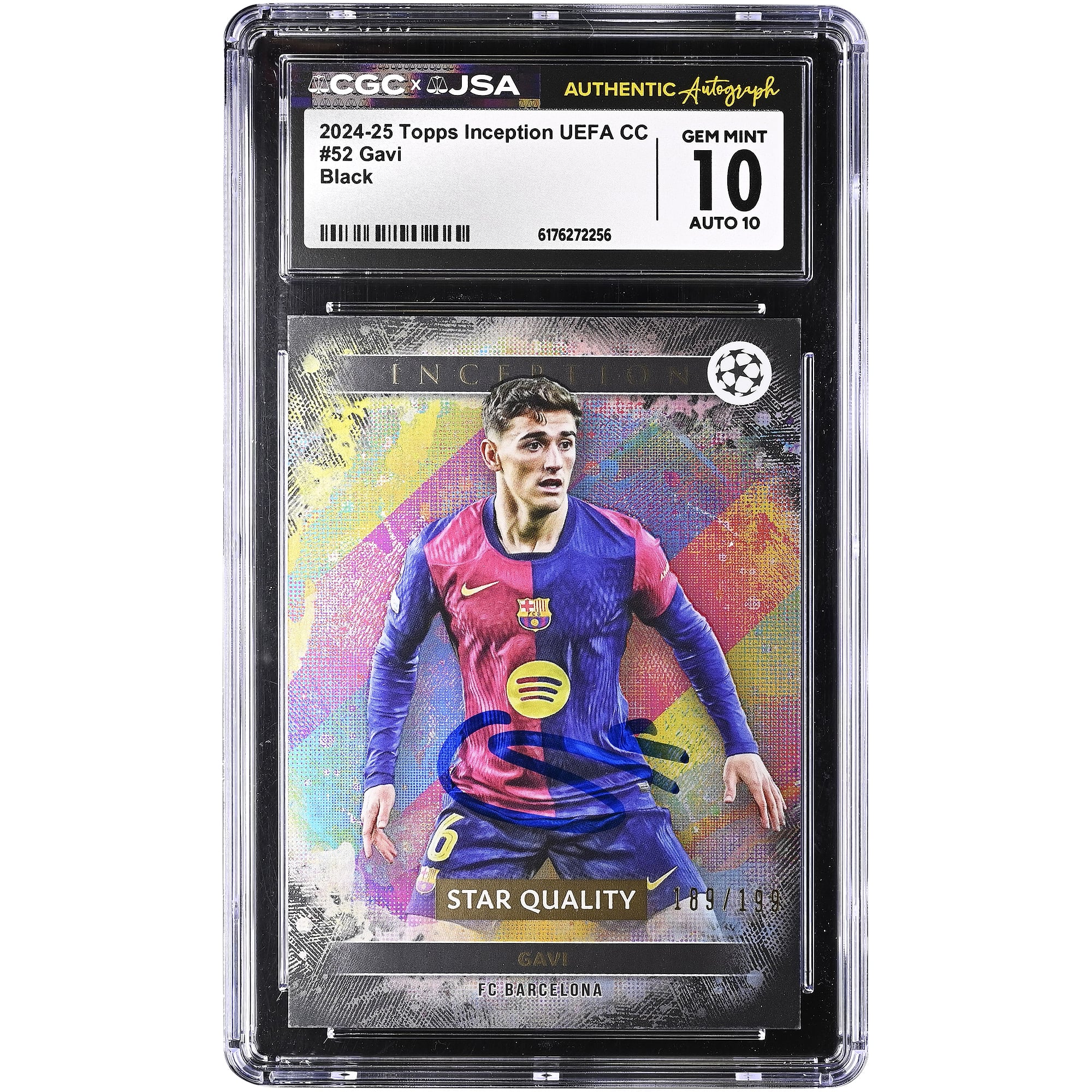 Gavi Barcelona Autographed 2024-25 Topps Inception UEFA CC Black #52 #/199 CGC Authenticated 10/10 Card