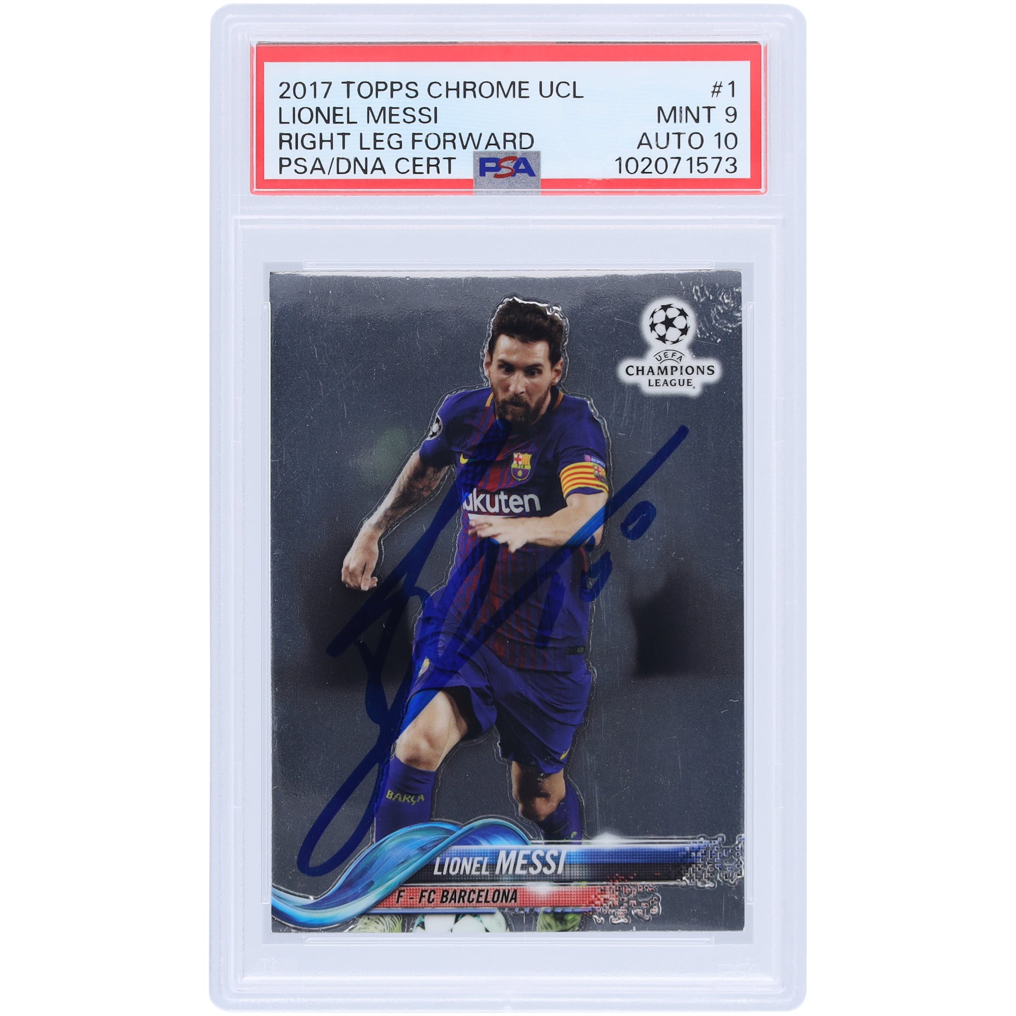 Lionel Messi Barcelona Autographed 2017 Topps Chrome UCL #1 PSA 