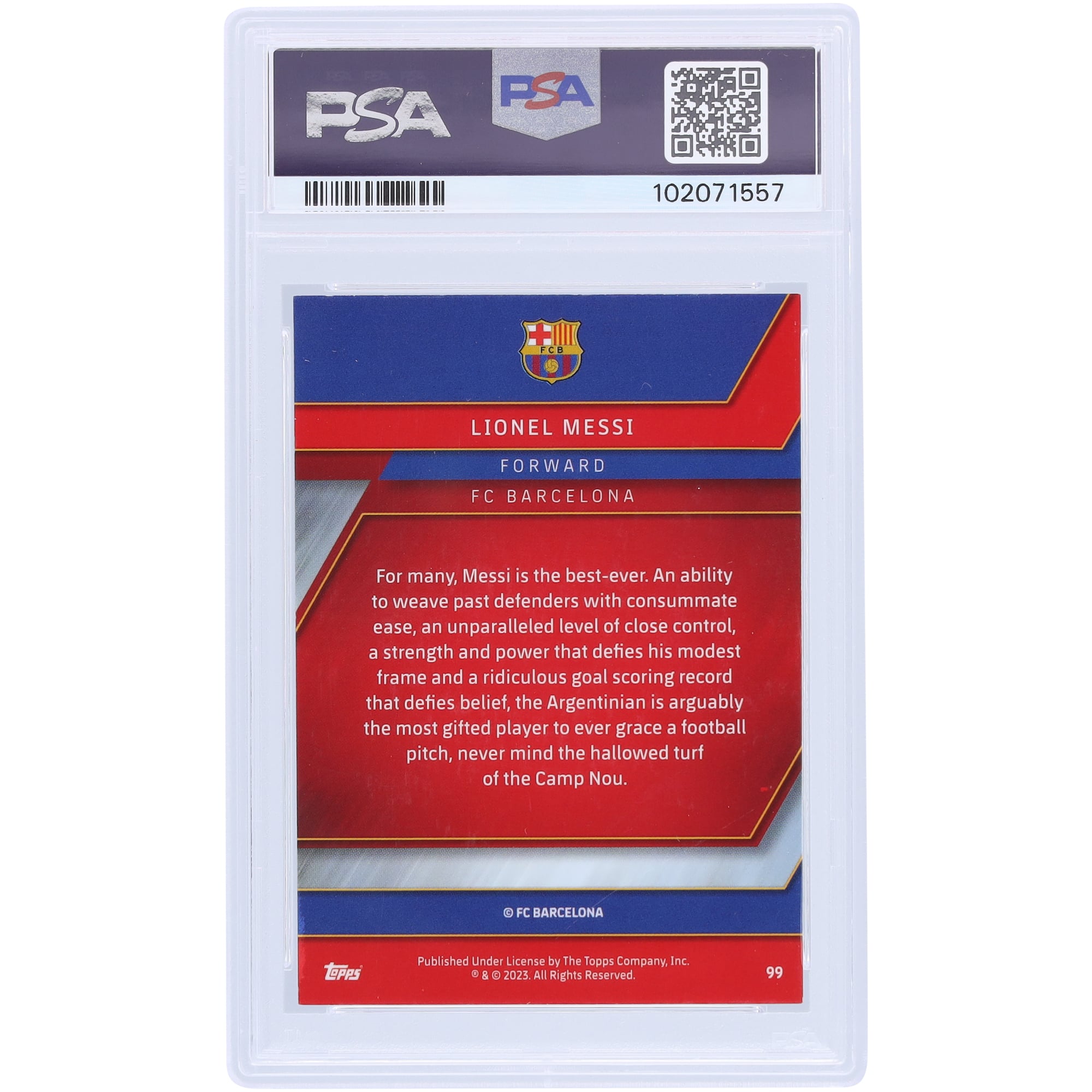 Lionel Messi Barcelona Autographed 2022-23 Topps Chrome FCB Mes que un club #99 PSA Authenticated 9/10 Card