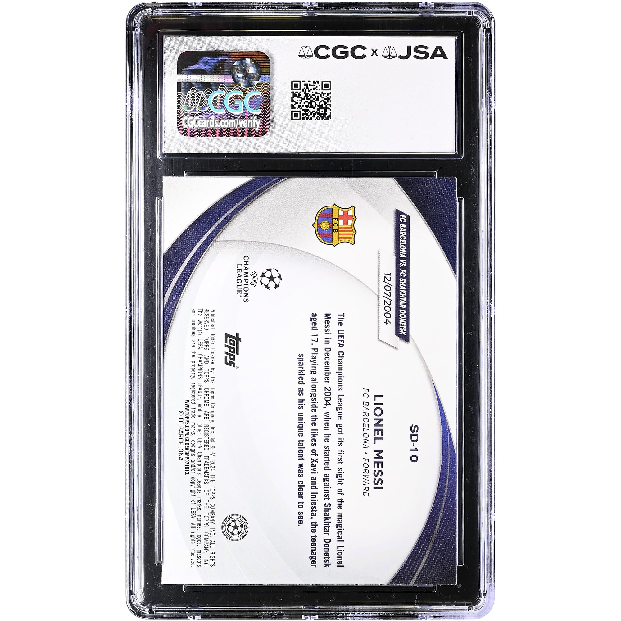 Lionel Messi Barcelona Autographed 2023-24 Topps Chrome UEFA CC Starball Debuts #SD-10 CGC Authenticated 10/10 Card
