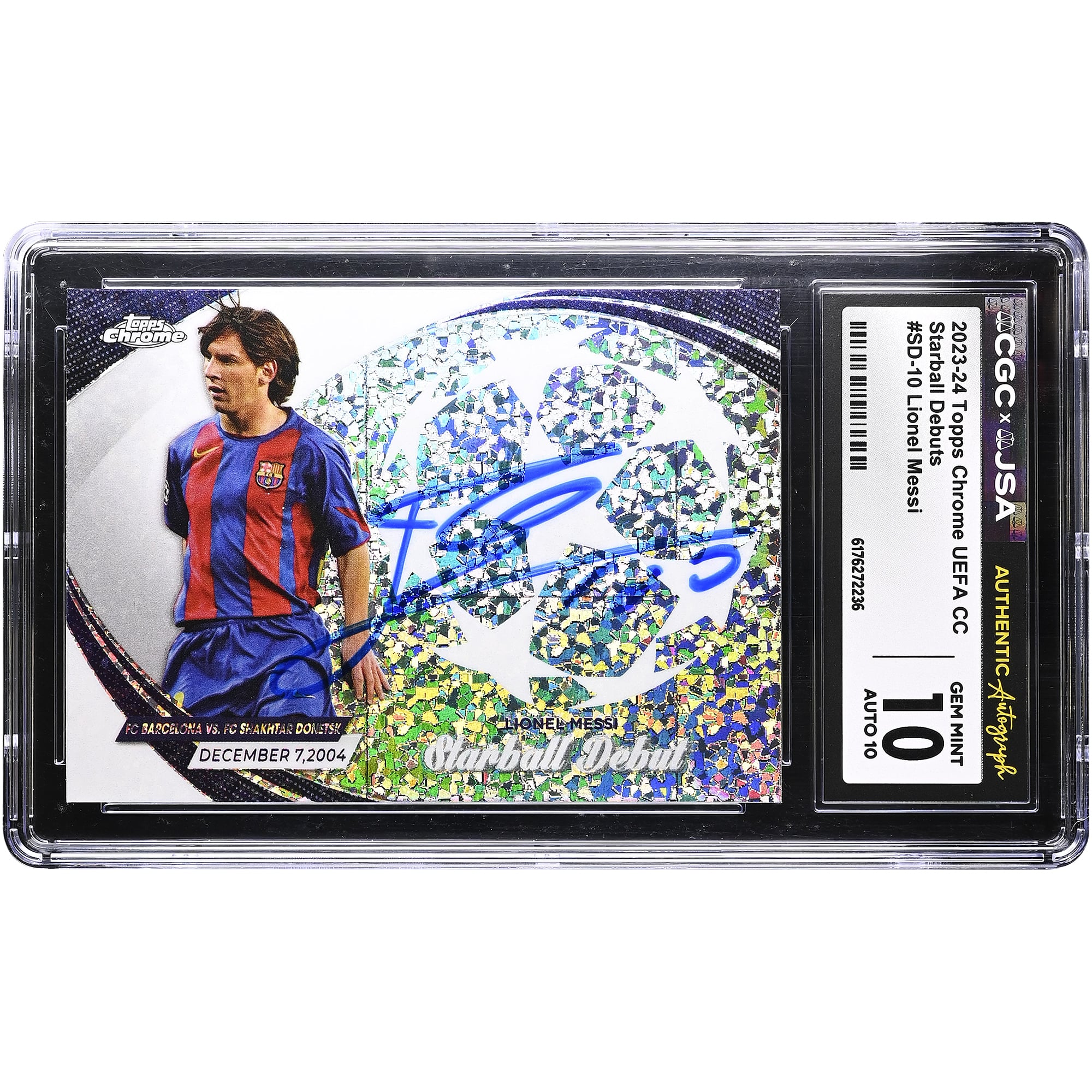 Lionel Messi Barcelona Autographed 2023-24 Topps Chrome UEFA CC Starball Debuts #SD-10 CGC Authenticated 10/10 Card