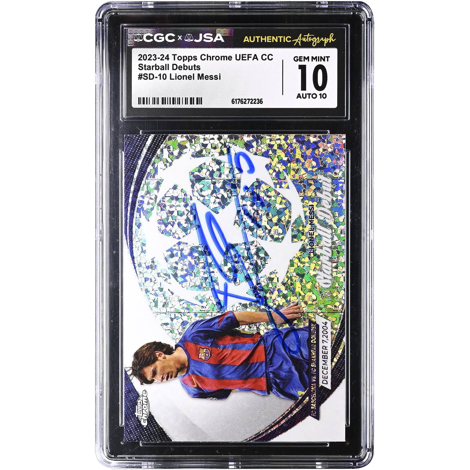 Lionel Messi Barcelona Autographed 2023-24 Topps Chrome UEFA CC Starball Debuts #SD-10 CGC Authenticated 10/10 Card