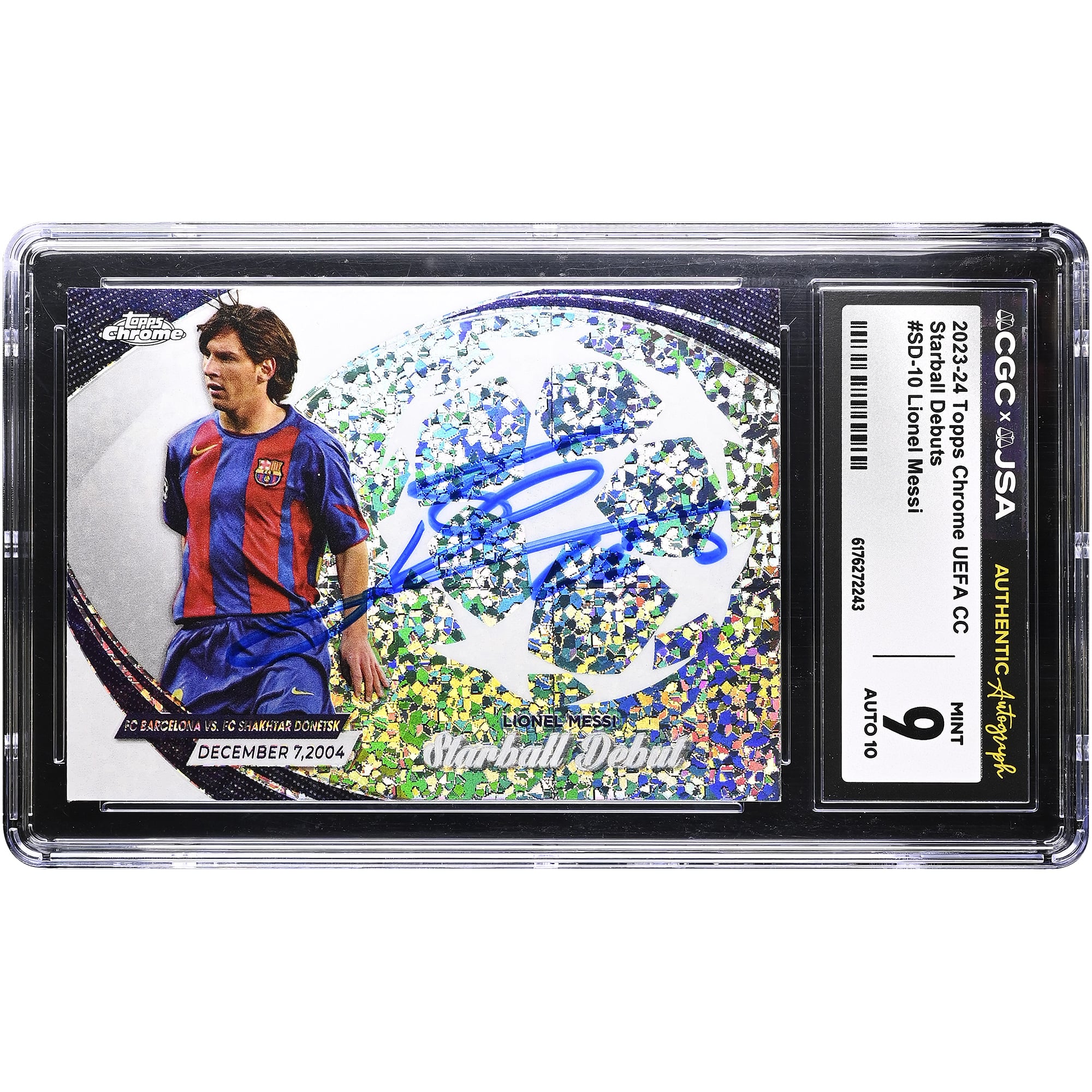 Carte autographiée Lionel Messi Barcelone 2023-24 Topps Chrome UEFA CC Starball Debuts #SD-10, authentifiée CGC 9/10