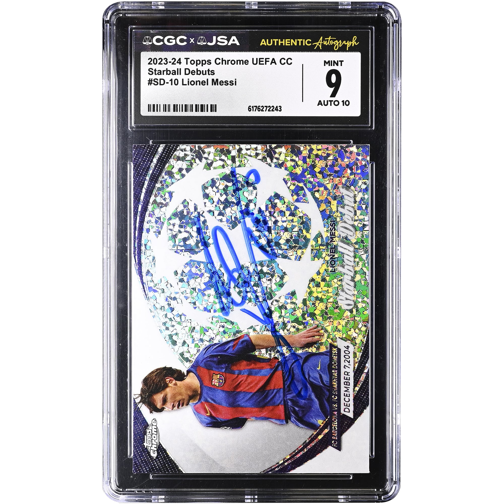 Carte autographiée Lionel Messi Barcelone 2023-24 Topps Chrome UEFA CC Starball Debuts #SD-10, authentifiée CGC 9/10