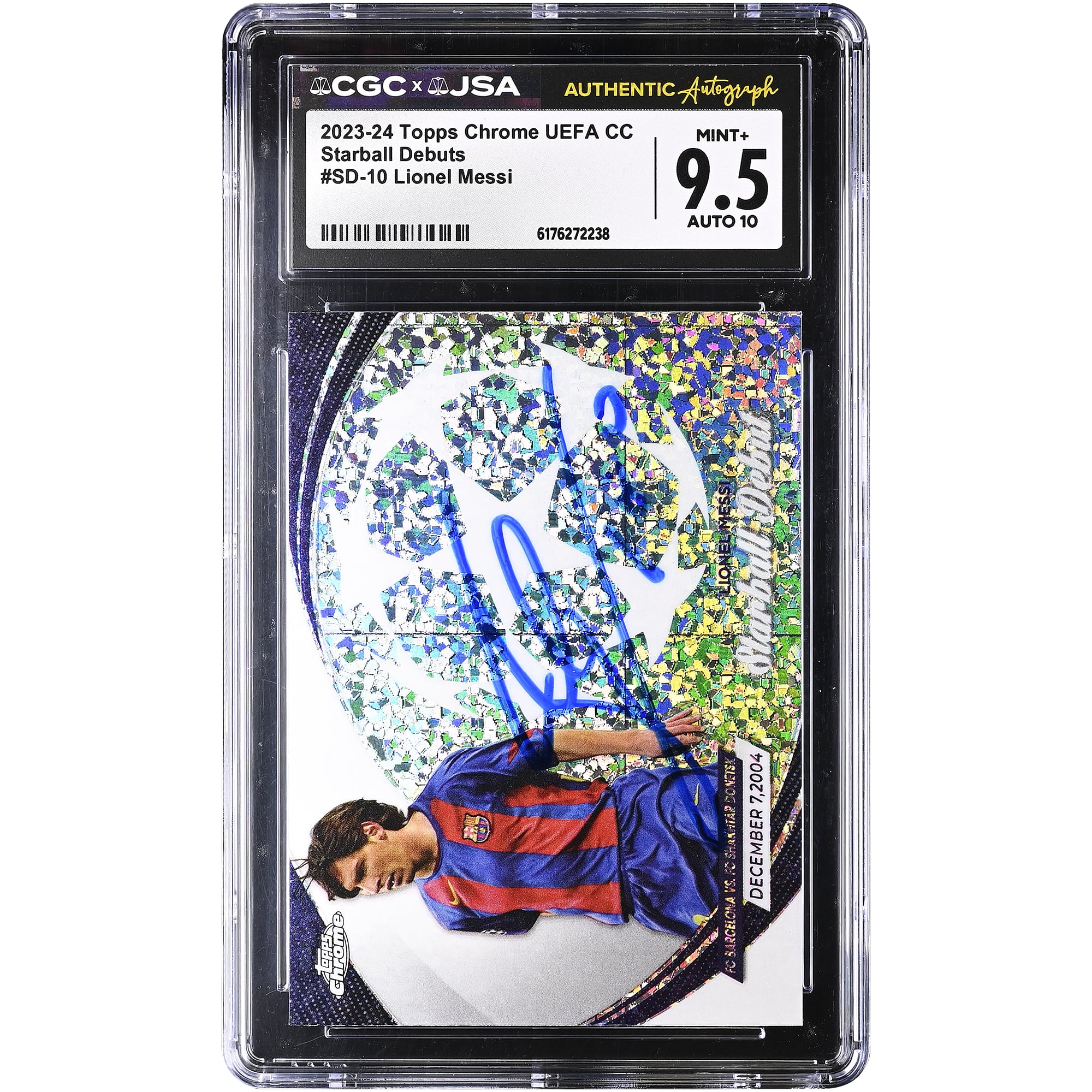 Carte autographiée Lionel Messi Barcelone 2023-24 Topps Chrome UEFA CC Starball Debuts #SD-10, authentifiée CGC 9,5/10