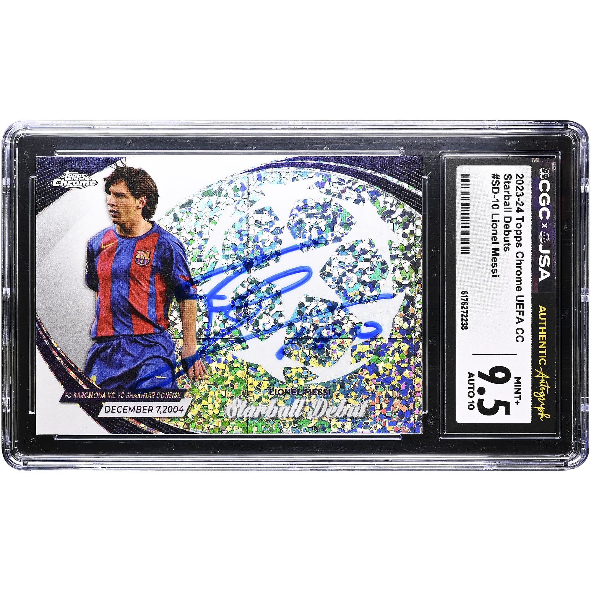 Carte autographiée Lionel Messi Barcelone 2023-24 Topps Chrome UEFA CC Starball Debuts #SD-10, authentifiée CGC 9,5/10