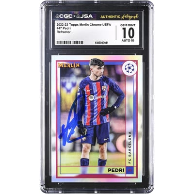 Carte Pedri Barcelone autographiée 2022-23 Topps Merlin Chrome UEFA Refractor n° 47, authentifiée CGC 10/10