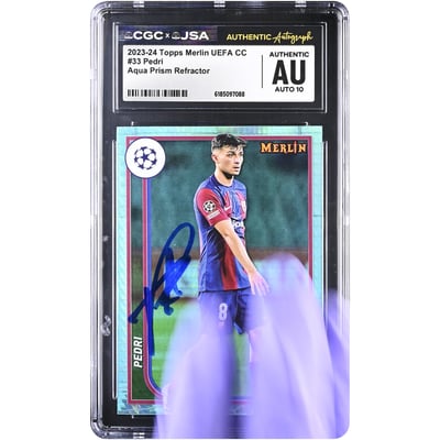 Carte autographiée Pedri Barcelone 2023-24 Topps Merlin UEFA CC Aqua Prism Refractor n° 33, authentifiée CGC AUTO 10