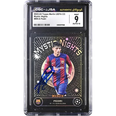 Carte autographiée de Pedri Barcelone, Topps Merlin UEFA CC Mystic Nights 2023-24, n° MN-6, authentifiée CGC 9/10
