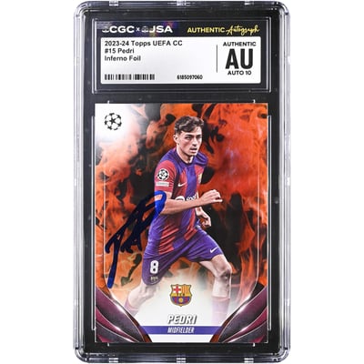 Carte Pedri Barcelone autographiée 2023-24 Topps UEFA CC Inferno Foil #15 authentifiée CGC AUTO 10