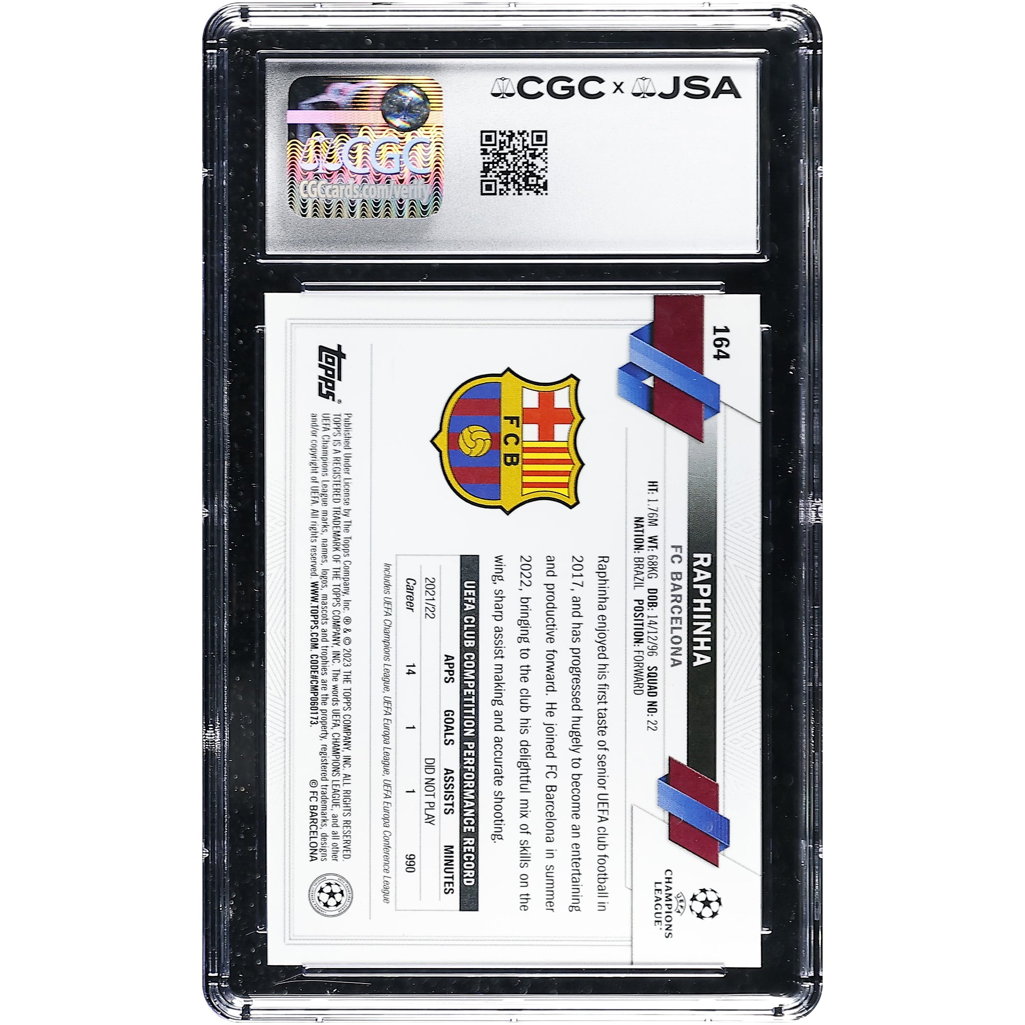 Carte Raphinha Barcelone autographiée 2022-23 Topps Chrome UEFA CC #164, authentifiée CGC 9/10