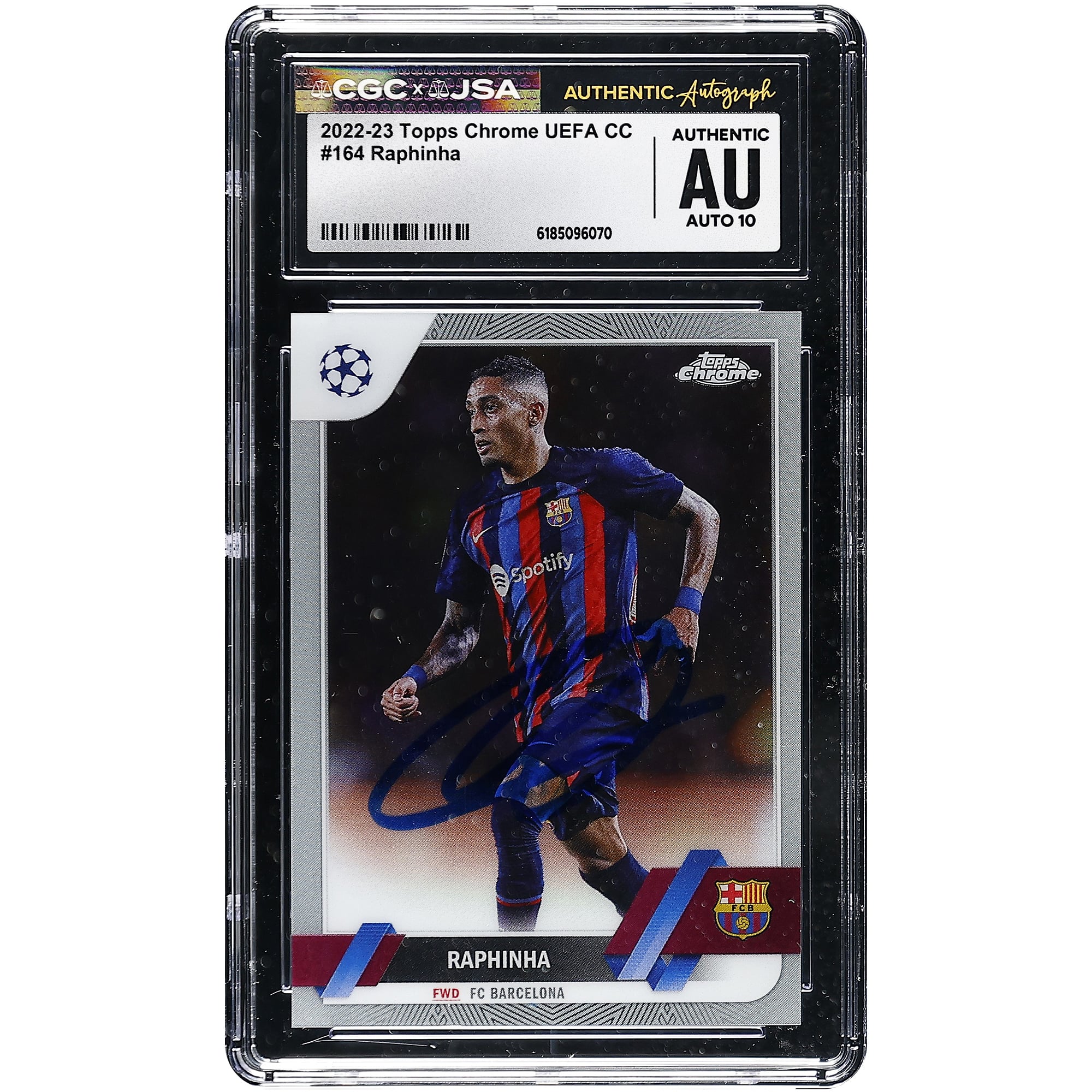 Carte autographiée Raphinha Barcelone 2022-23 Topps Chrome UEFA CC #164 authentifiée CGC Auto 10