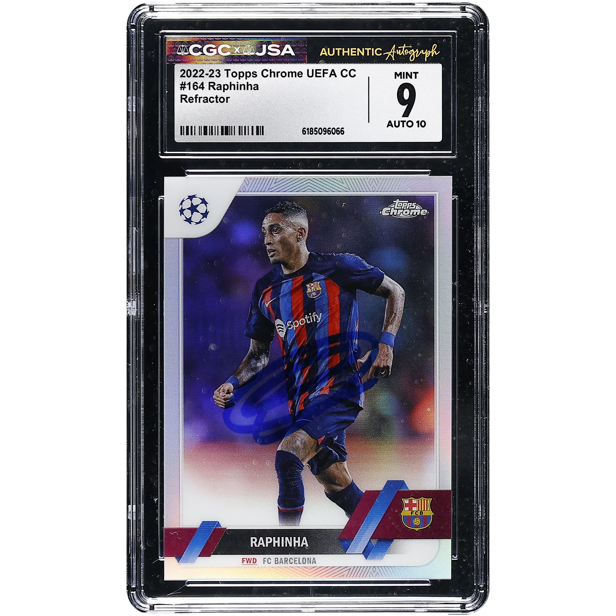 Carte Raphinha Barcelone autographiée 2022-23 Topps Chrome UEFA CC Refractor n° 164