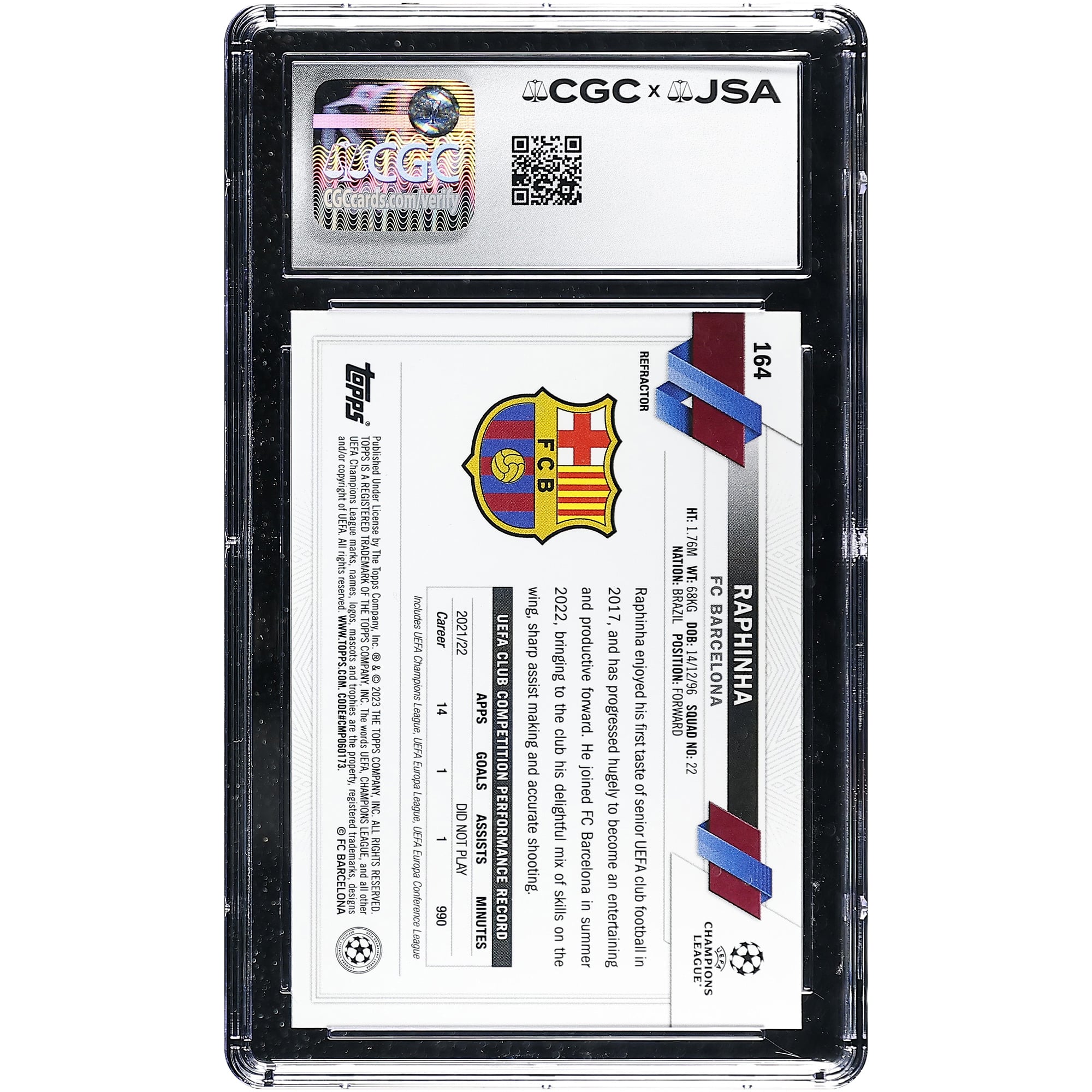 Carte Raphinha Barcelone autographiée 2022-23 Topps Chrome UEFA CC Refractor n° 164