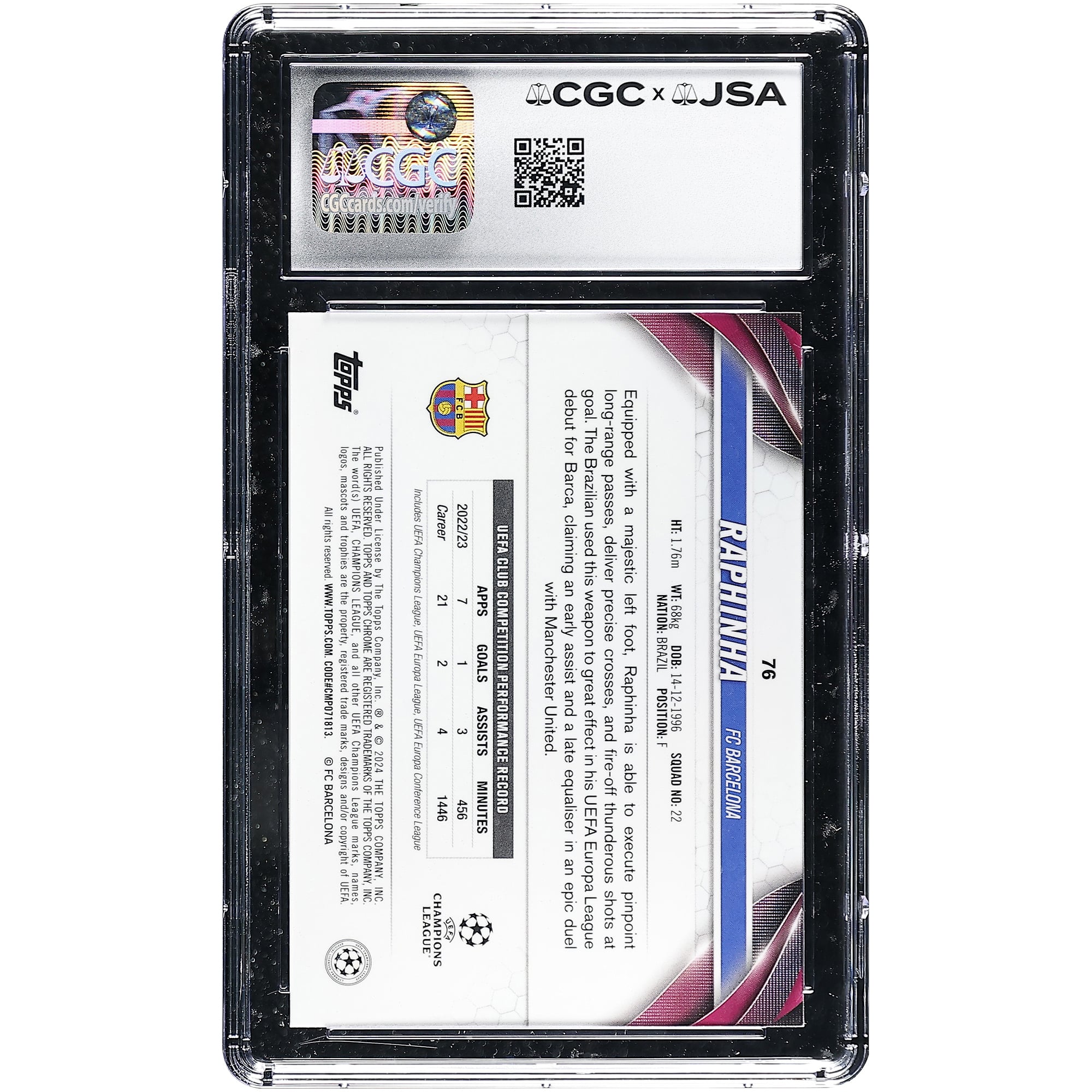 Carte autographiée Raphinha Barcelone 2023-24 Topps Chrome UEFA CC #76 authentifiée CGC Auto 10