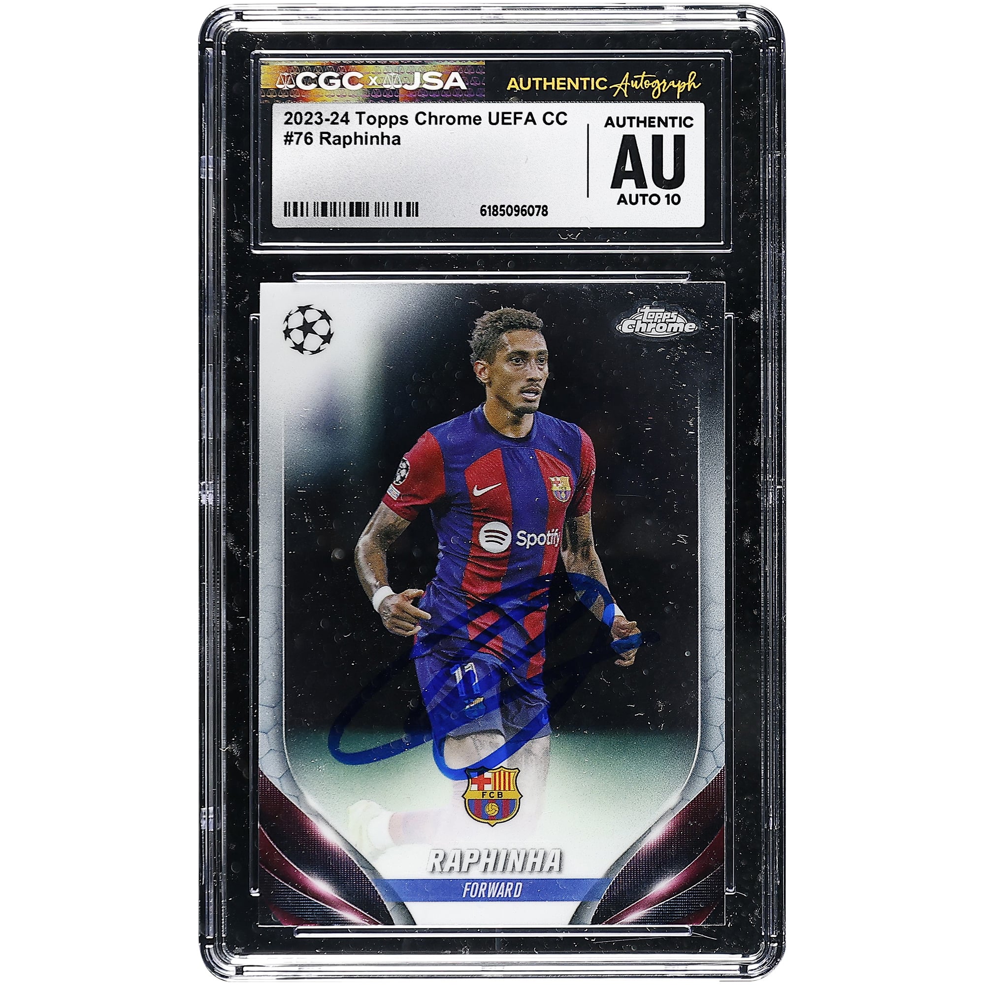 Carte autographiée Raphinha Barcelone 2023-24 Topps Chrome UEFA CC #76 authentifiée CGC Auto 10