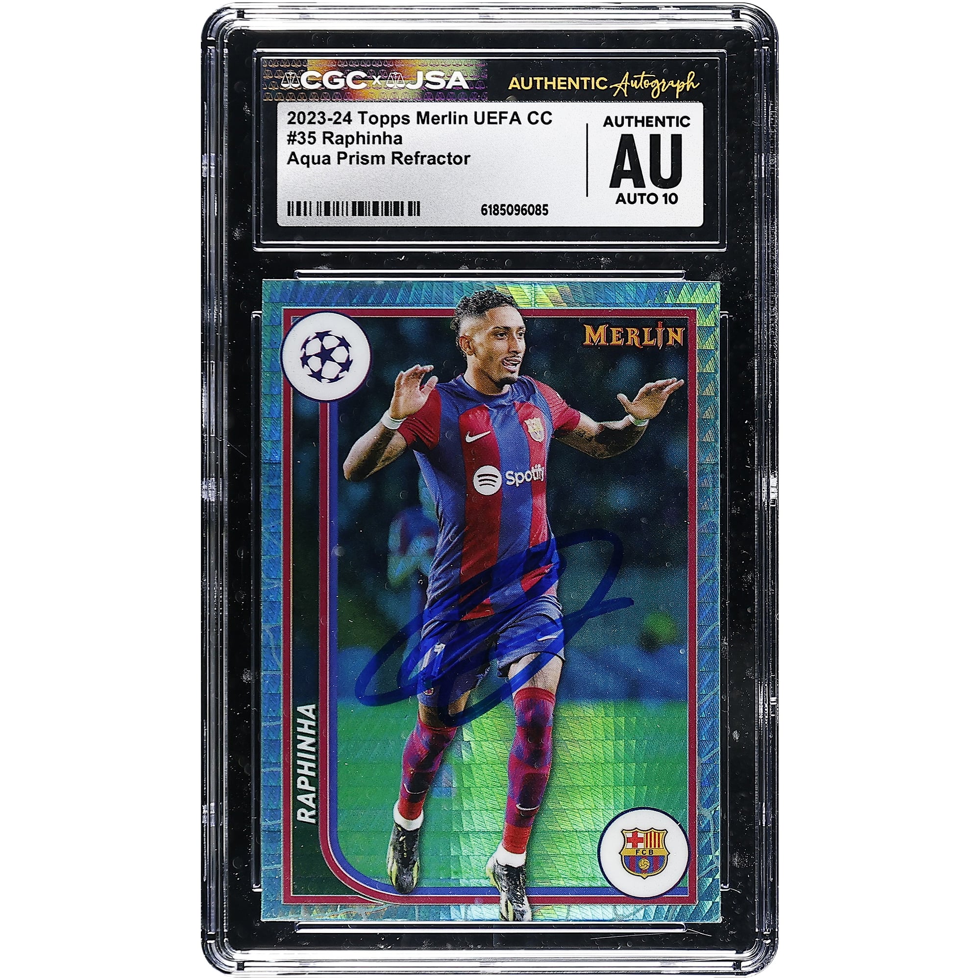 Carte Raphinha Barcelone 2023-24 Topps Merlin UEFA CC Aqua Prism Refractor n° 35 authentifiée CGC Auto 10, autographiée