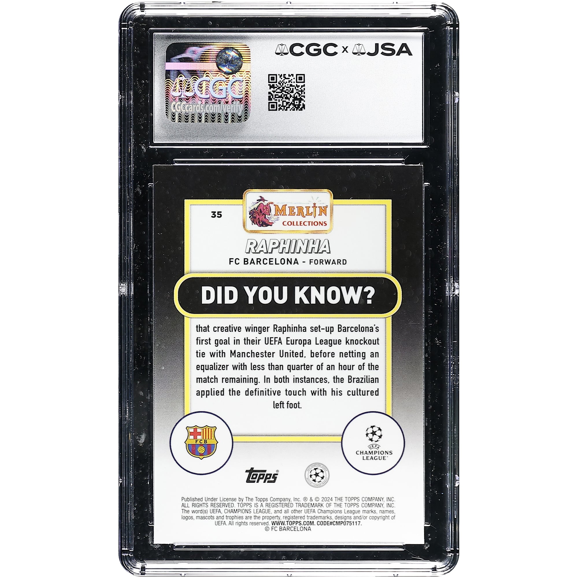 Carte authentifiée CGC 2023-24 Topps Merlin UEFA CC n° 35, signée par Raphinha Barcelone