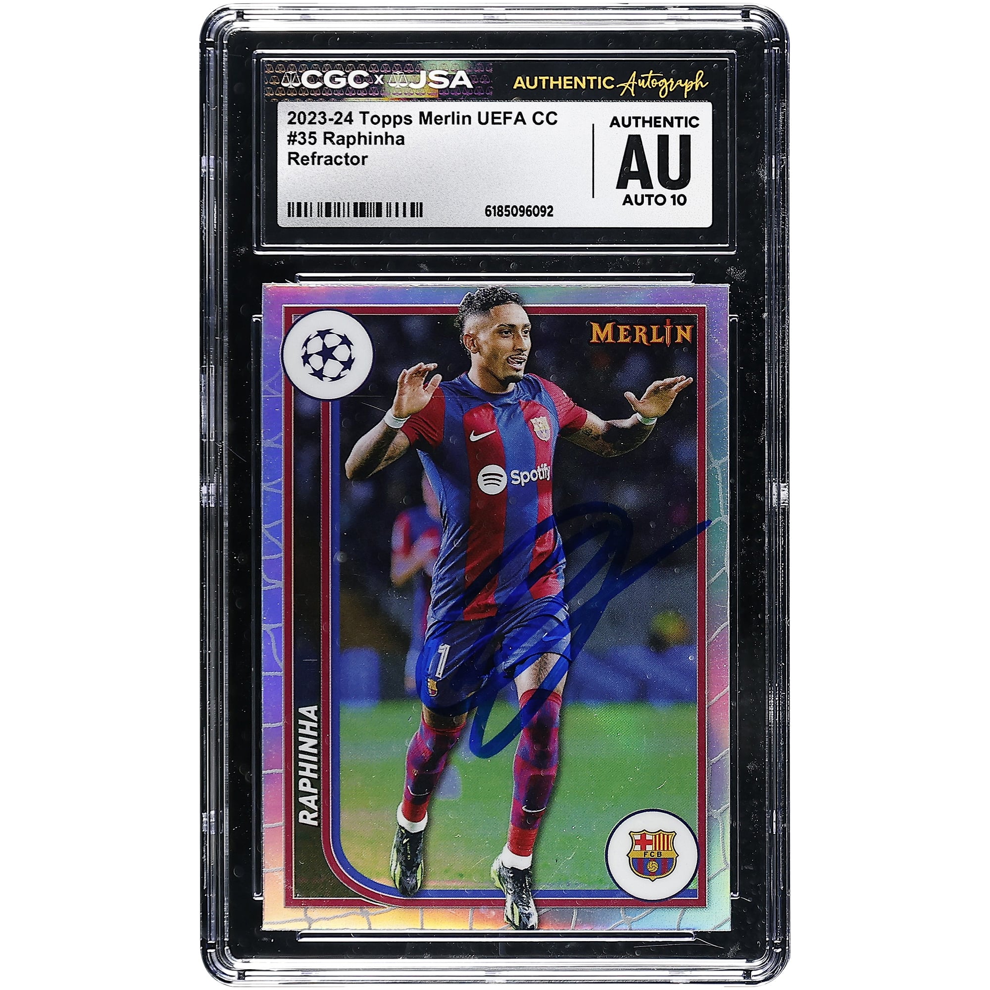 Carte Raphinha Barcelone 2023-24 Topps Merlin UEFA CC Refractor n° 35 authentifiée CGC Auto 10