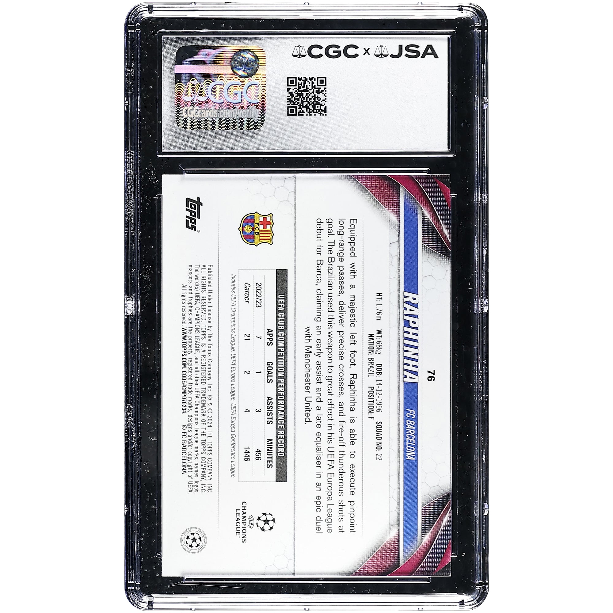 Carte Raphinha Barcelone autographiée 2023-24 Topps UEFA CC Inferno Foil #76, authentifiée CGC Auto 10