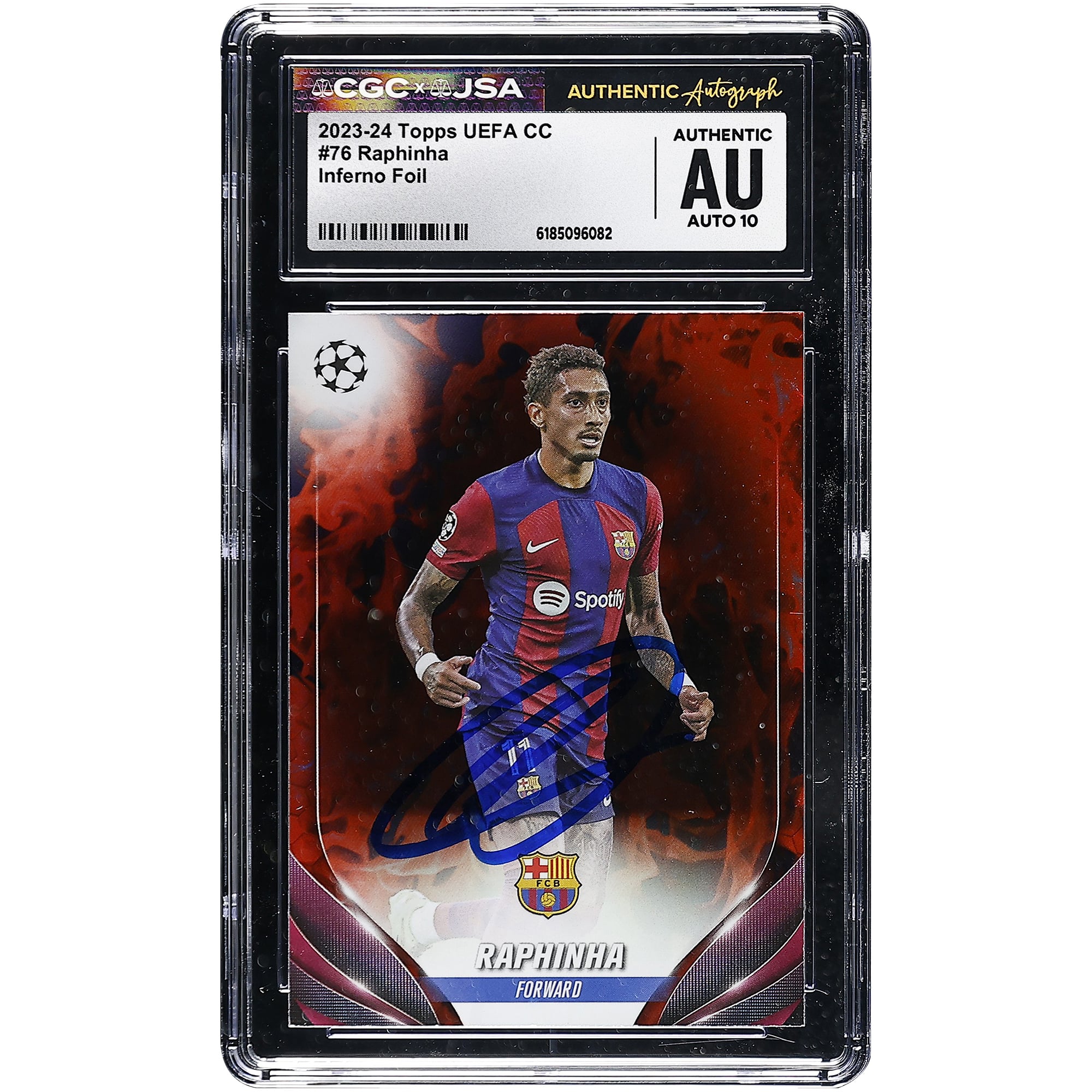 Carte Raphinha Barcelone autographiée 2023-24 Topps UEFA CC Inferno Foil #76, authentifiée CGC Auto 10