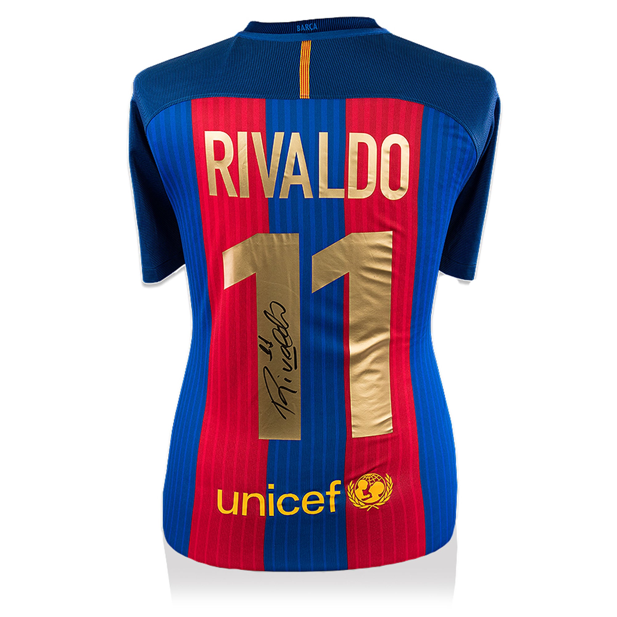 Rivaldo Barcelona Autographed Modern Barcelona Home Jersey - ICONS
