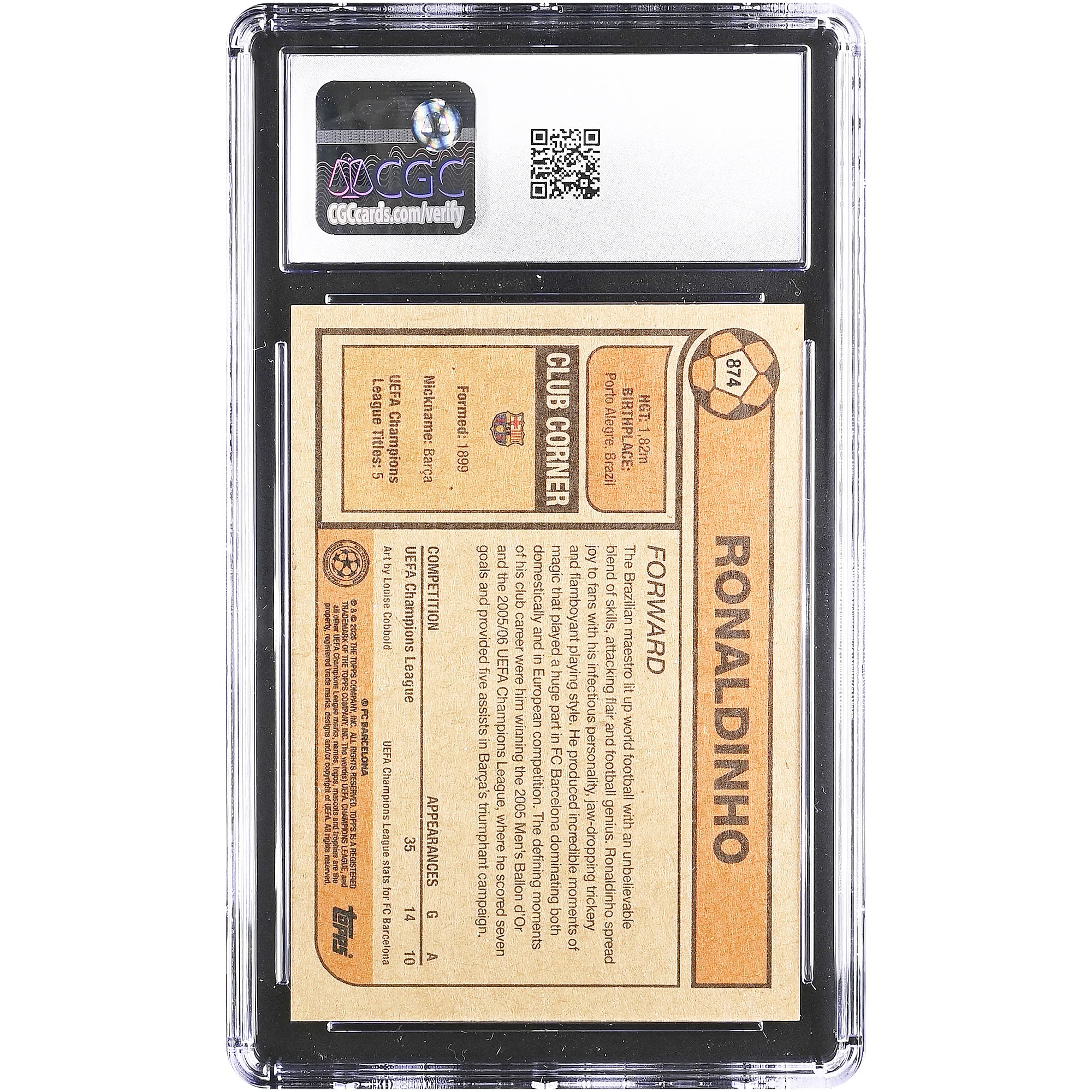 Carte Ronaldinho Barcelone 2026 Topps Living Set UEFA CC #874 authentifiée CGC (10 cartes)