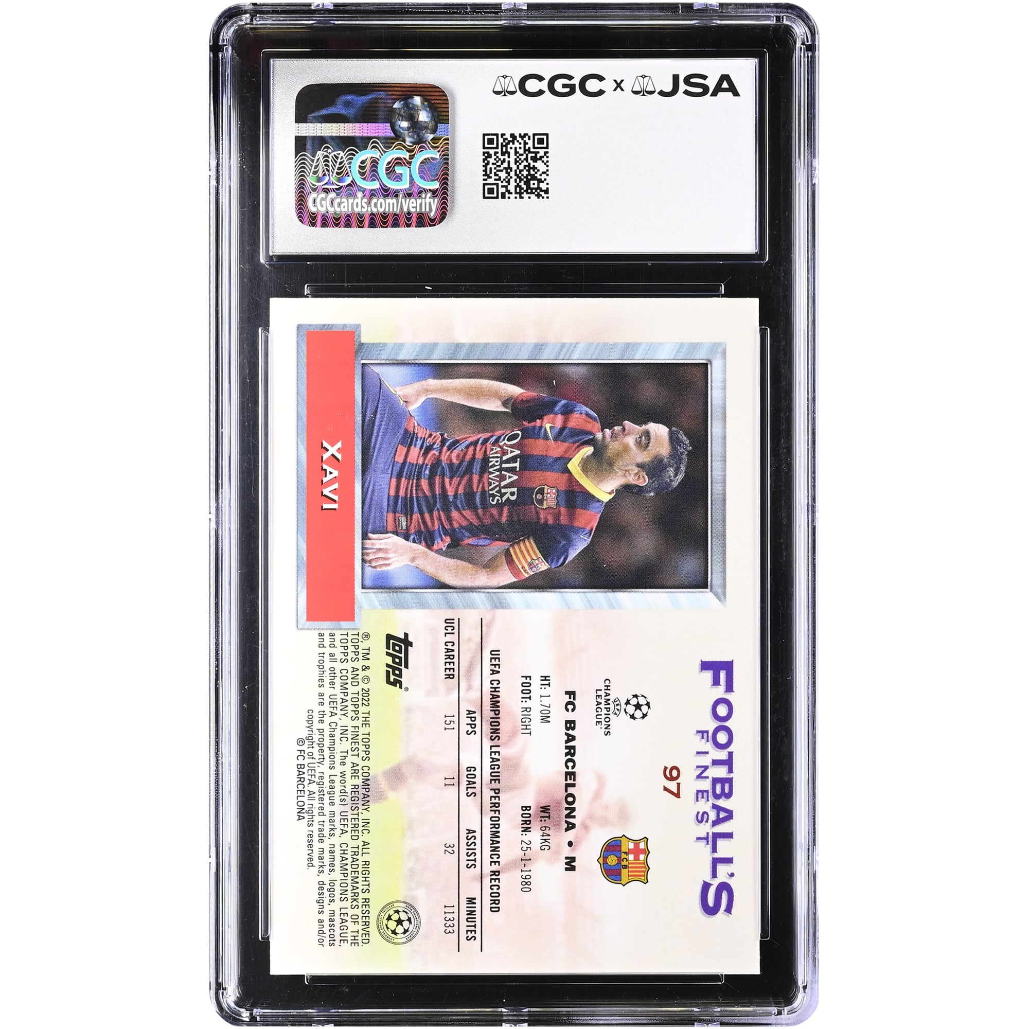 Xavi Hernandez Barcelona Autographed 2021-22 Topps Finest Flashbacks UCL #97 CGC Authenticated 10/10 Card