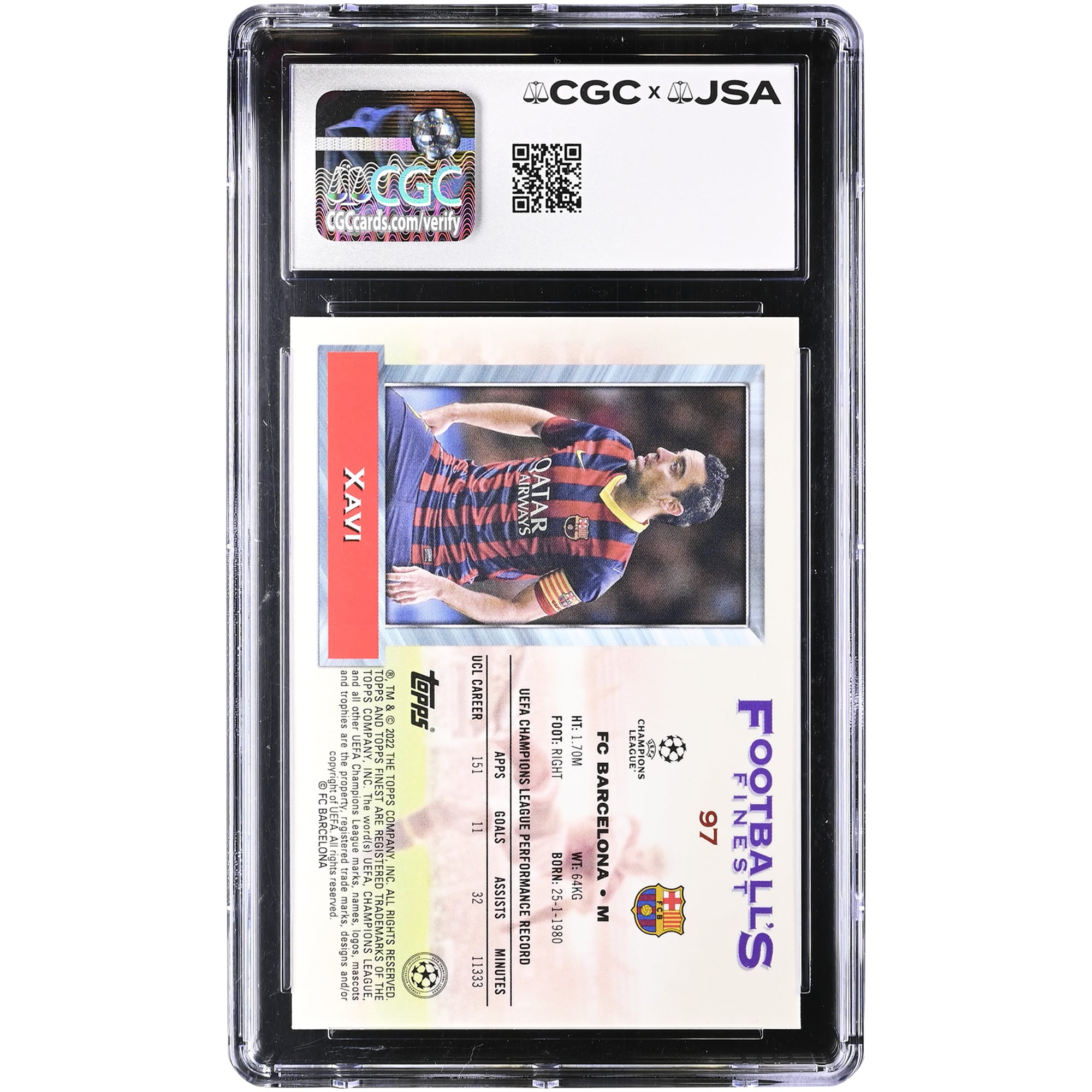 Carte autographiée de Xavi Hernandez (Barcelone) 2021-22 Topps Finest Flashbacks UCL n° 97, authentifiée par CGC (9,5/10).