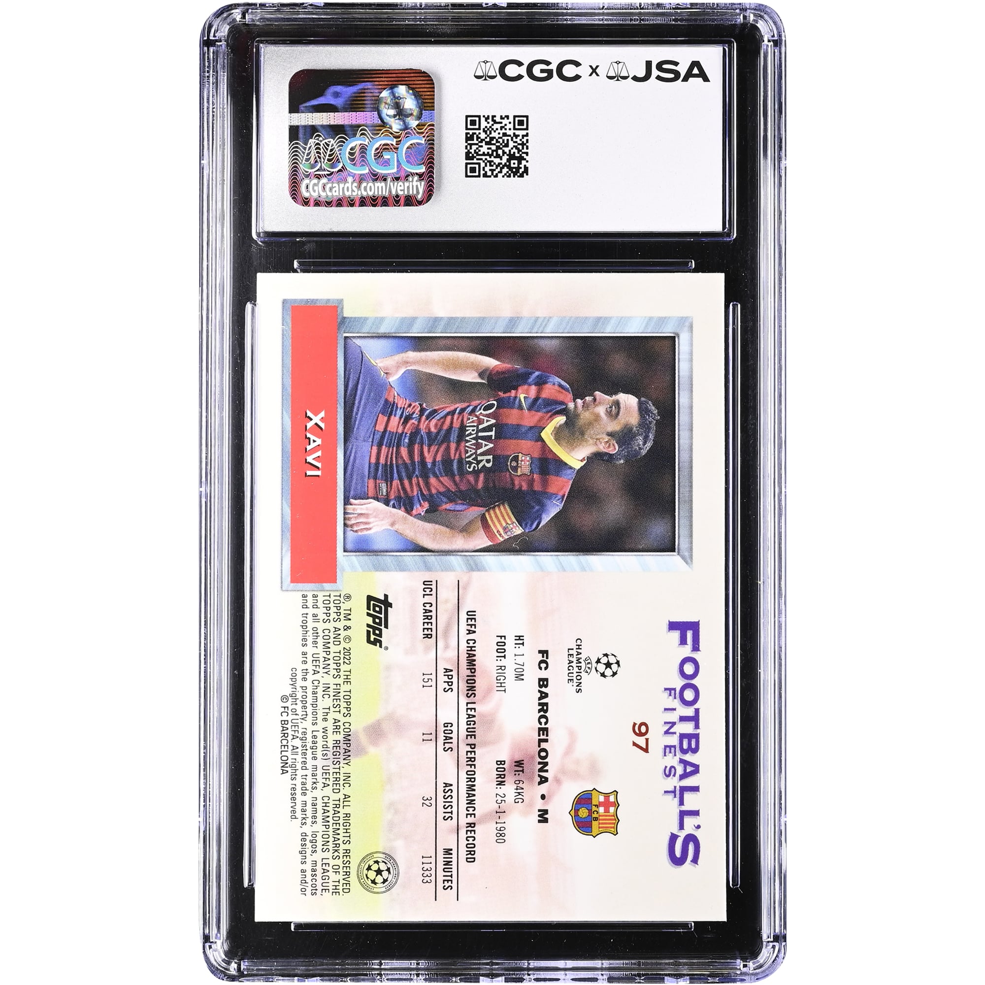 Xavi Hernandez Barcelona Autographed 2021-22 Topps Finest Flashbacks UCL #97 CGC Authenticated Auto 10 Card