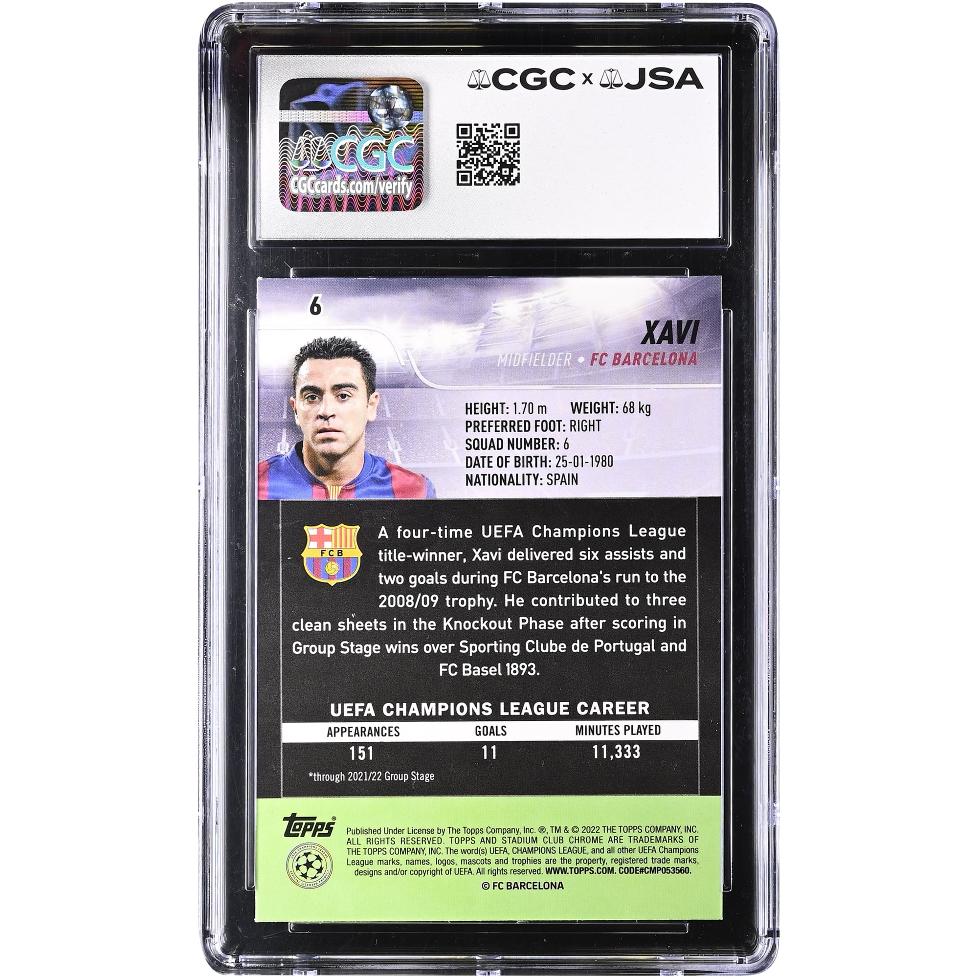 Xavi Hernandez Barcelona Autographed 2021-22 Topps Stadium Club Chrome UEFA #6 CGC Authenticated 10/10 Card