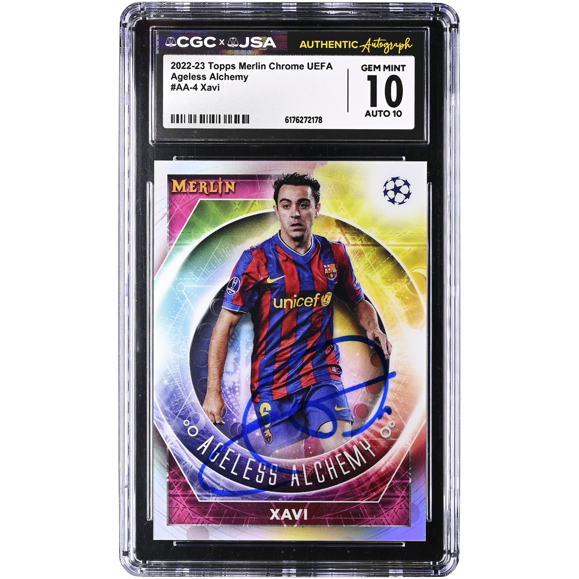 Xavi Hernandez Barcelona Autographed 2022-23 Topps Merlin Chrome UEFA Ageless Alchemy #AA-4 CGC Authenticated 10/10 Card
