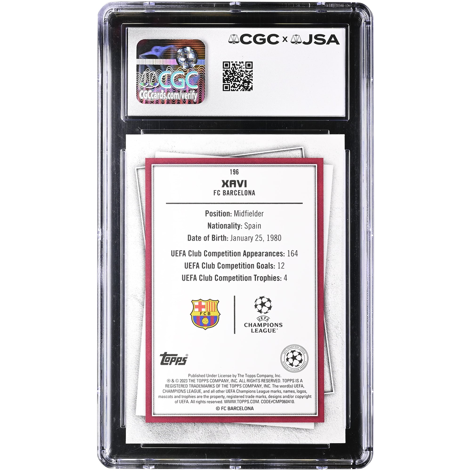 Xavi Hernandez Barcelona Autographed 2022-23 Topps UEFA CC Legends Rare #196 CGC Authenticated 10/10 Card