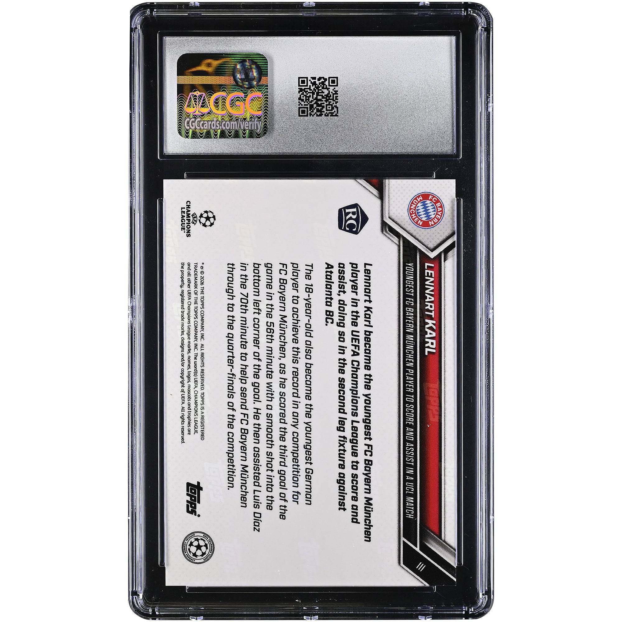 Lennart Karl Bayern Munich 2025-26 Topps Now UEFA CL Youngest FC Bayern Munchen Player to Score and Assist in a UCL Match Gold Foil #111 #/50 CGC Authenticated Rookie Card