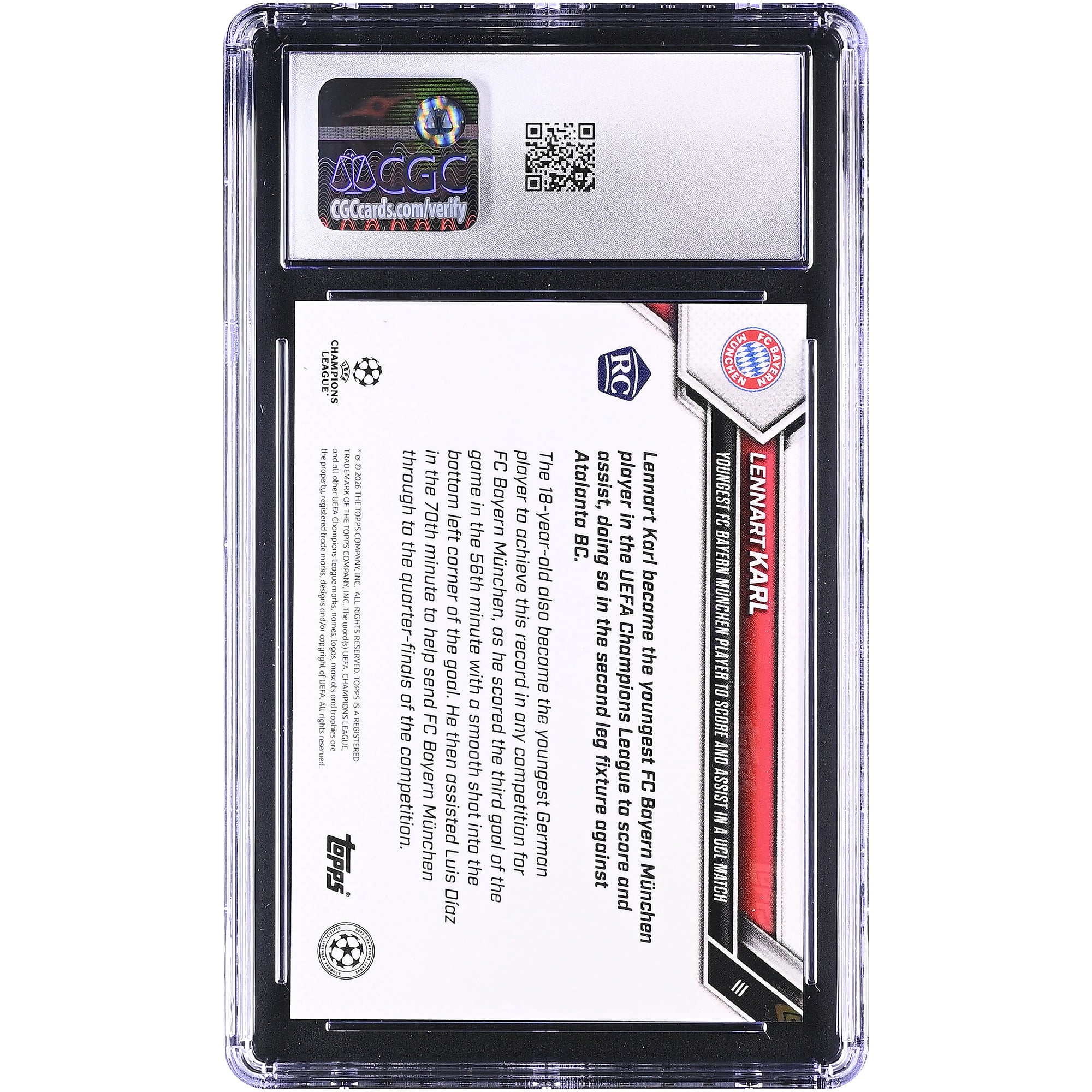 Lennart Karl Bayern Munich 2025-26 Topps Now UEFA CL Youngest FC Bayern Munchen Player to Score and Assist in a UCL Match #111 CGC Authenticated GEM MINT 10 Rookie Card