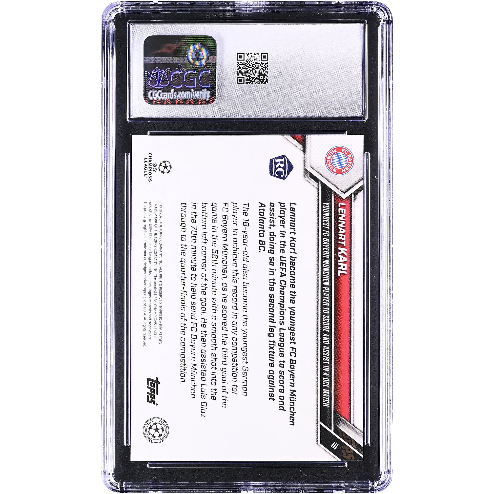 Lennart Karl Bayern Munich 2025-26 Topps Now UEFA CL Youngest FC Bayern Munchen Player to Score and Assist in a UCL Match #111 CGC Authenticated MINT+ 9.5 Rookie Card