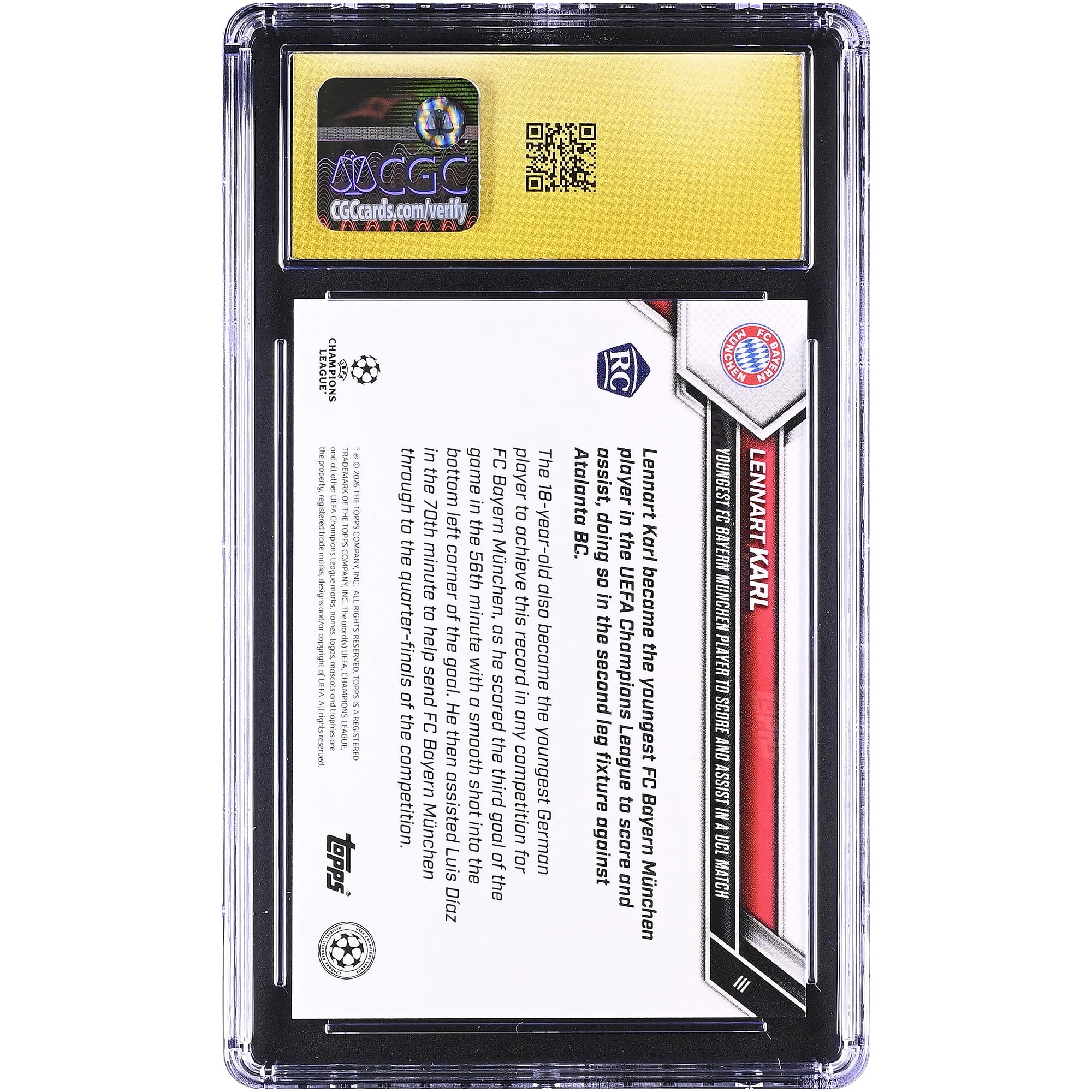 Lennart Karl Bayern Munich 2025-26 Topps Now UEFA CL Youngest FC Bayern Munchen Player to Score and Assist in a UCL Match #111 CGC Authenticated PRISTINE 10 Rookie Card