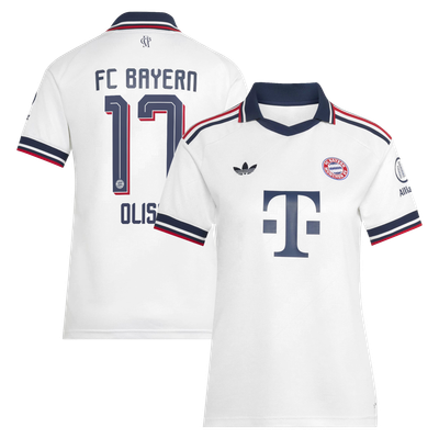 Maillot réplique extérieur blanc du Bayern Munich pour femme, saison 2026/27, signé adidas, porté par Michael Olise.