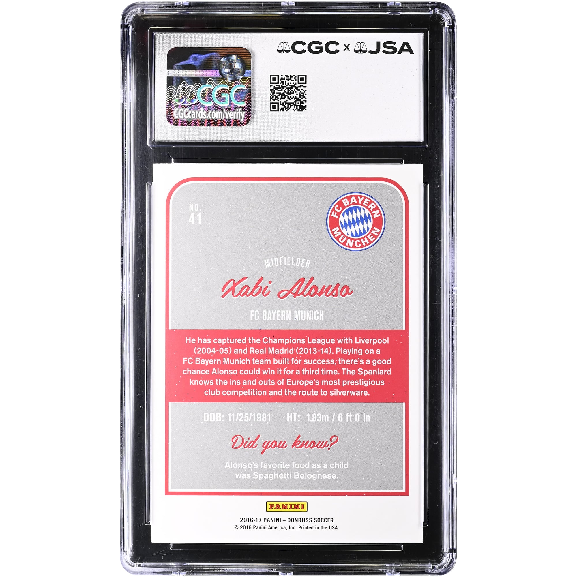 Xabi Alonso Bayern Munich Autographed 2016 Panini Donruss #41 CGC Authenticated 10/10 Card