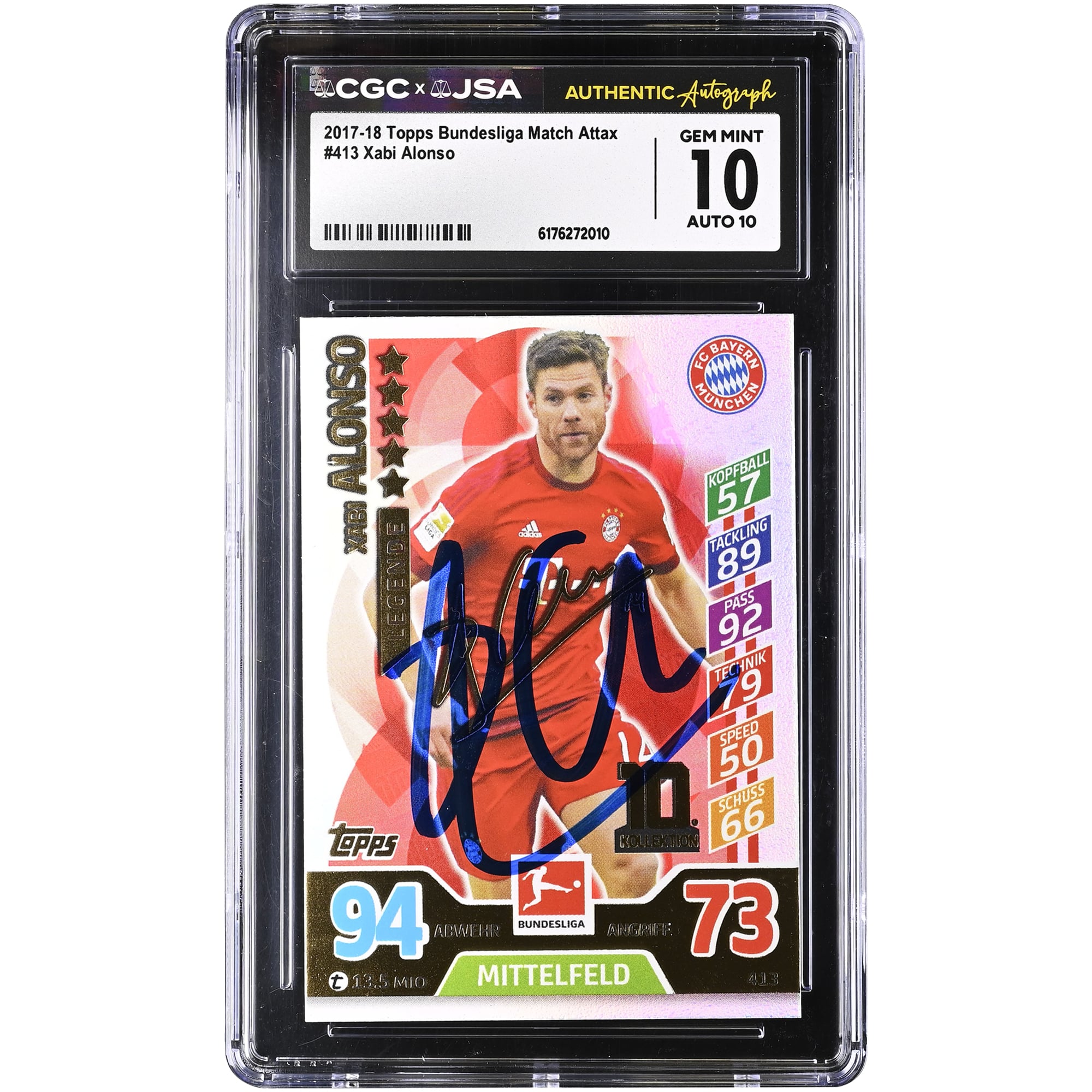 Xabi Alonso Bayern Munich Autographed 2017-18 Topps Bundesliga Match Attax #413 CGC Authenticated 10/10 Card
