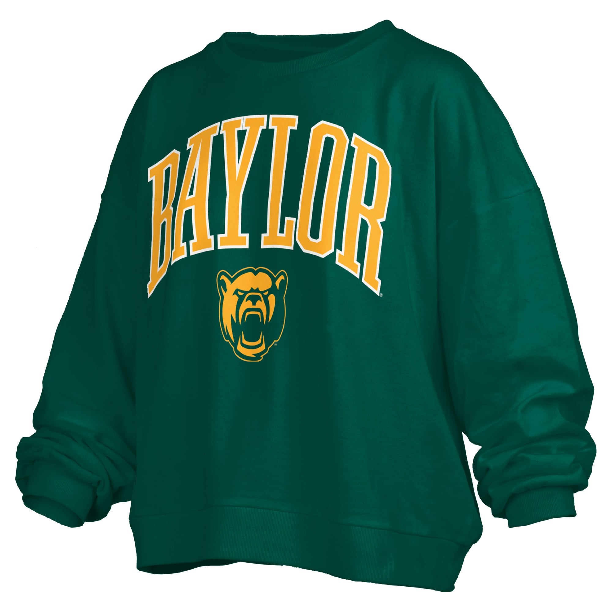 Women's Pressbox Green Baylor Bears Oversized Janise Arch Over Logo Fleece Sweatshirt