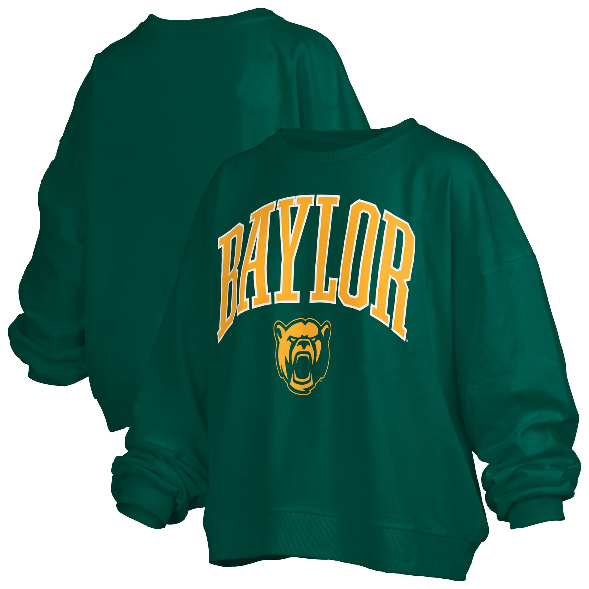 Women's Pressbox Green Baylor Bears Oversized Janise Arch Over Logo Fleece Sweatshirt