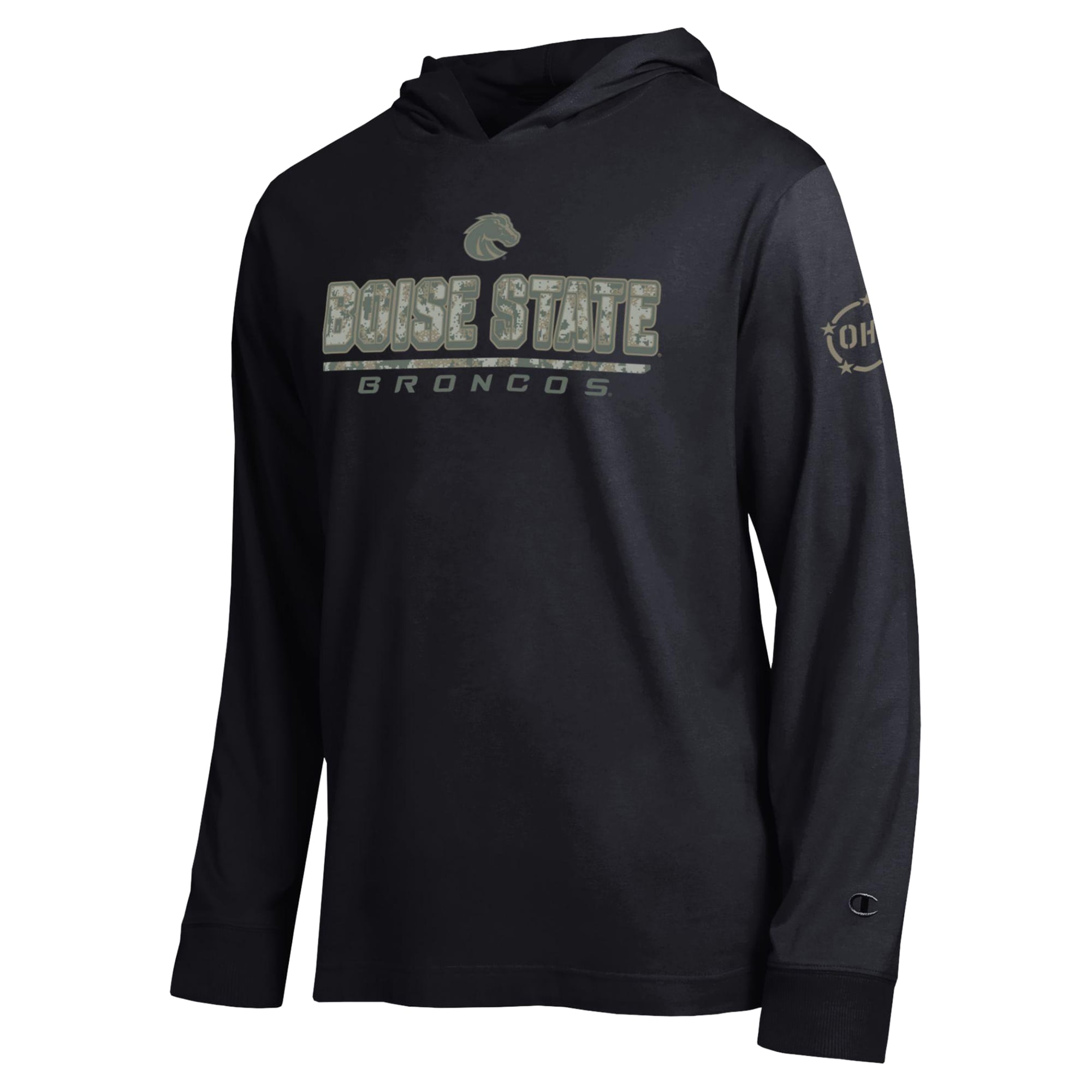 T-shirt à manches longues et capuche Champion noir Boise State Broncos Operation Hat Trick Camo Script pour homme