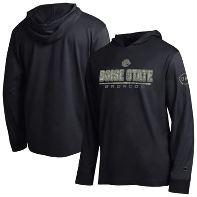  Boise State Broncos Champion Operation Hat Trick Camo Script Hooded Long Sleeve T-Shirt - Black