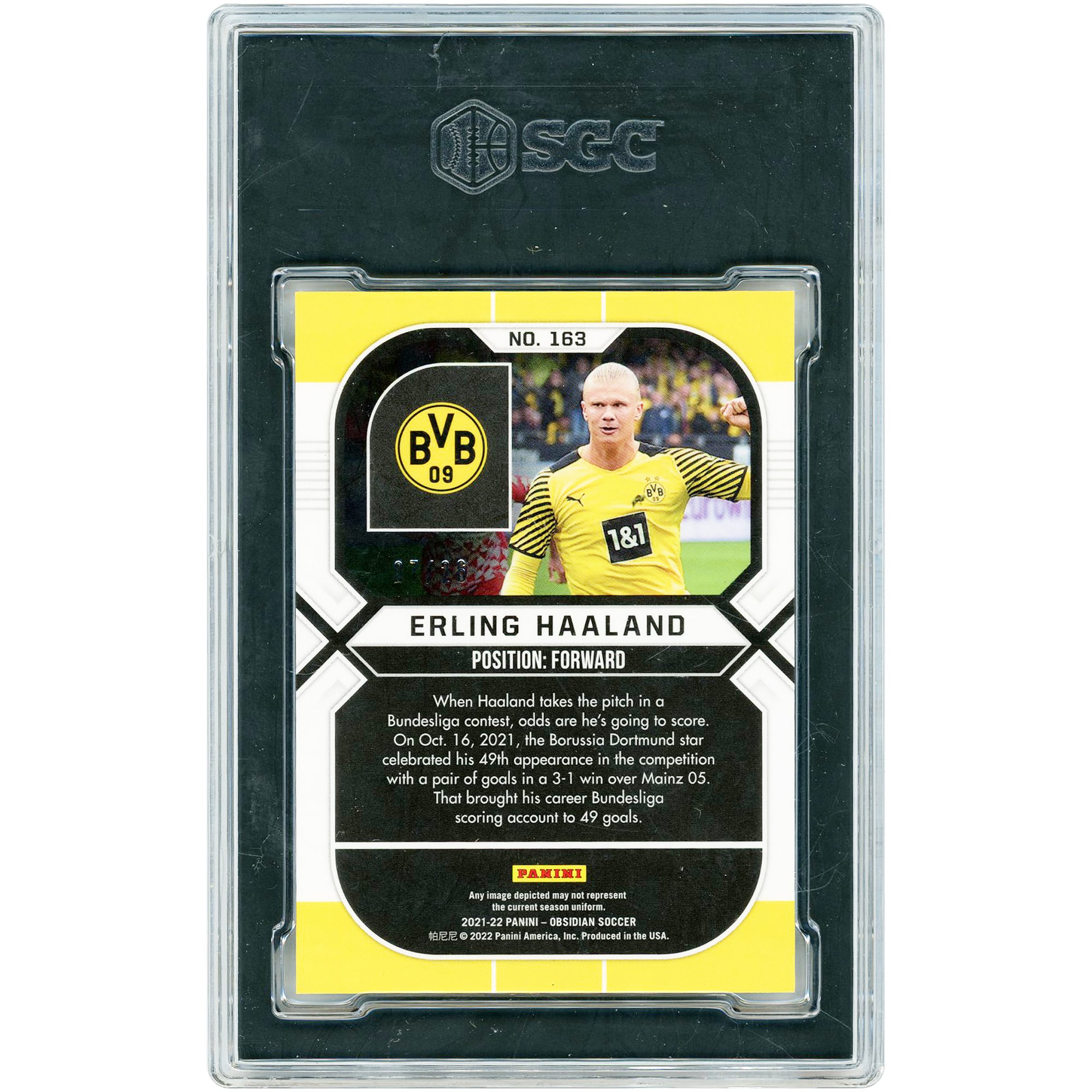 Erling Haaland Borussia Dortmund 2021-22 Panini Obsidian Electric Etch Red Pulsar #163 #7/26 SGC Authenticated 9.5 Card