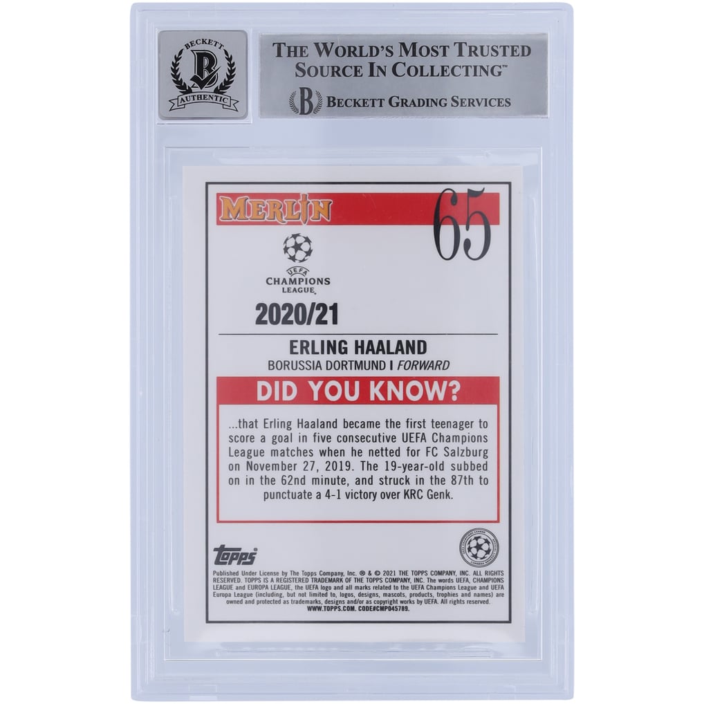 Erling Haaland Borussia Dortmund Autographed 2020-21 Topps Merlin Chrome Collection #65 BAS Authenticated 10 Card