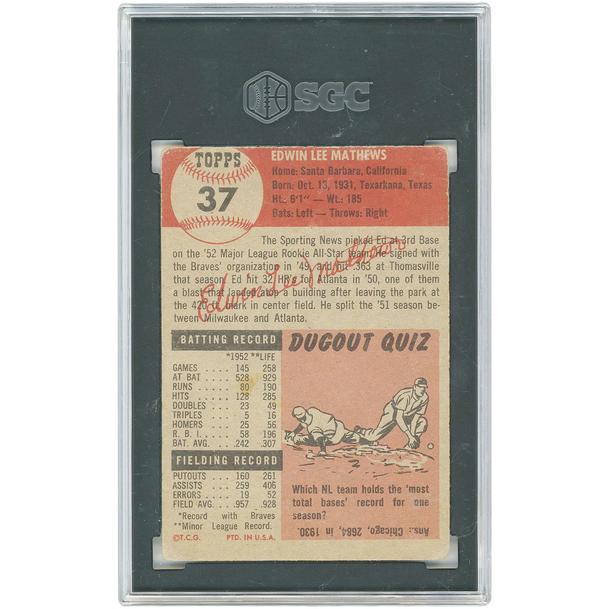 Ed Mathews Boston Braves 1953 Topps #37 SGC Authenticated 2 Card