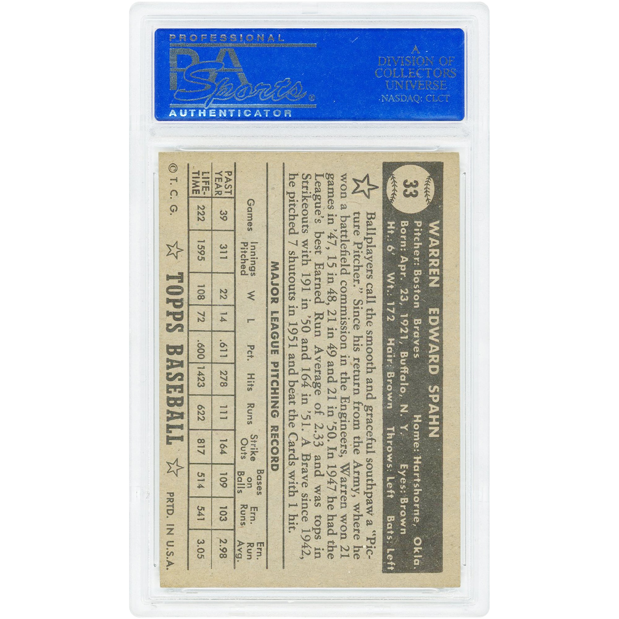 Carte authentifiée PSA n° 33 de Warren Spahn, Boston Braves, 1952