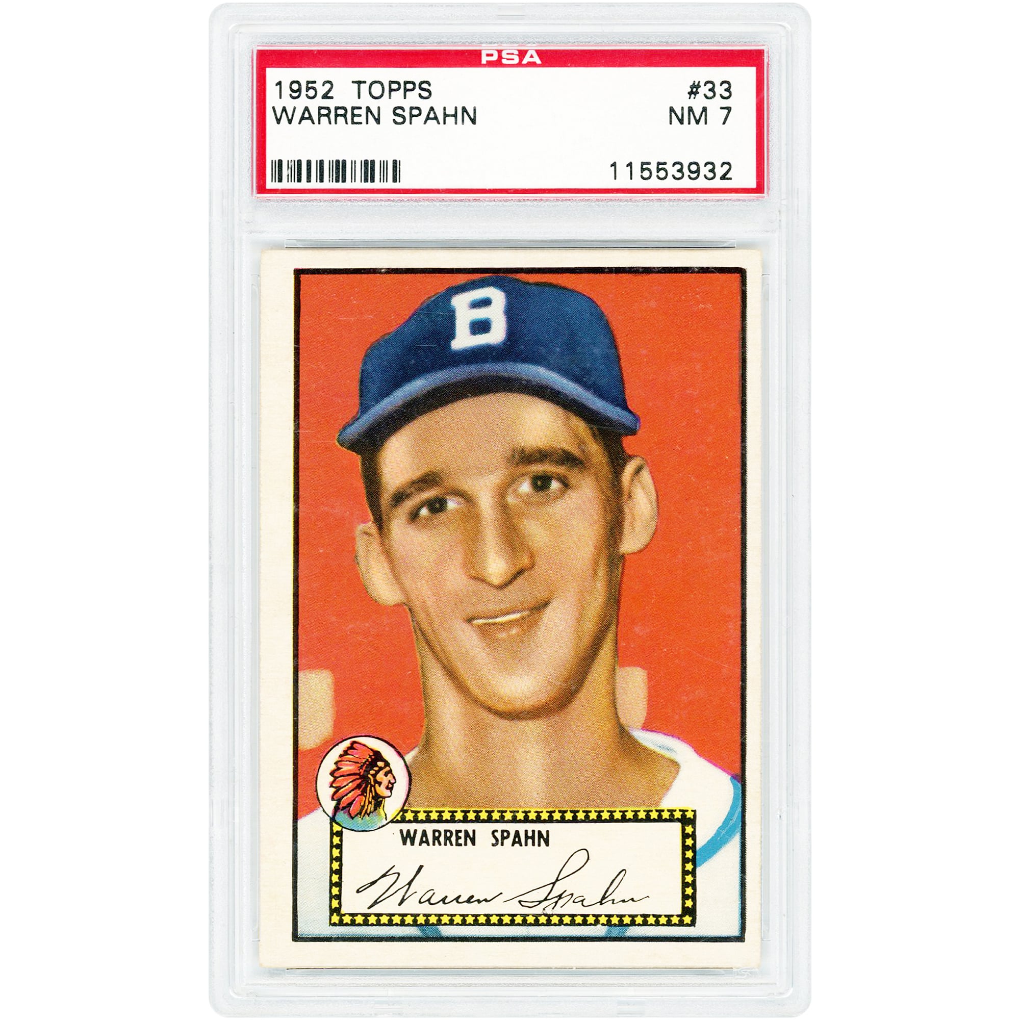 Carte authentifiée PSA n° 33 de Warren Spahn, Boston Braves, 1952